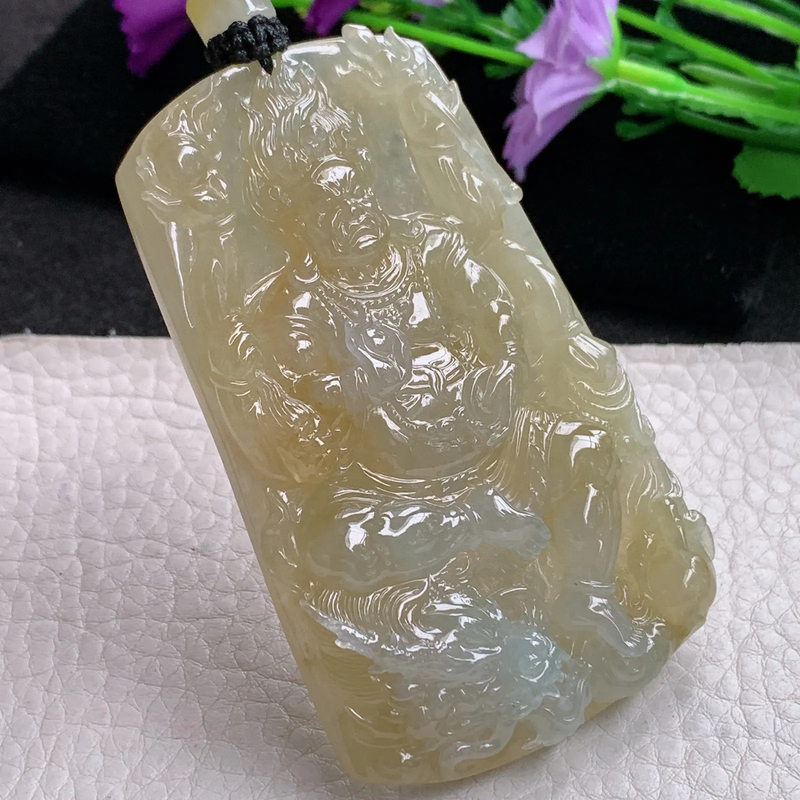 yl实拍75.5*45.5*10.8缅甸翡翠精雕冰黄黄财神玉吊坠 玉挂坠