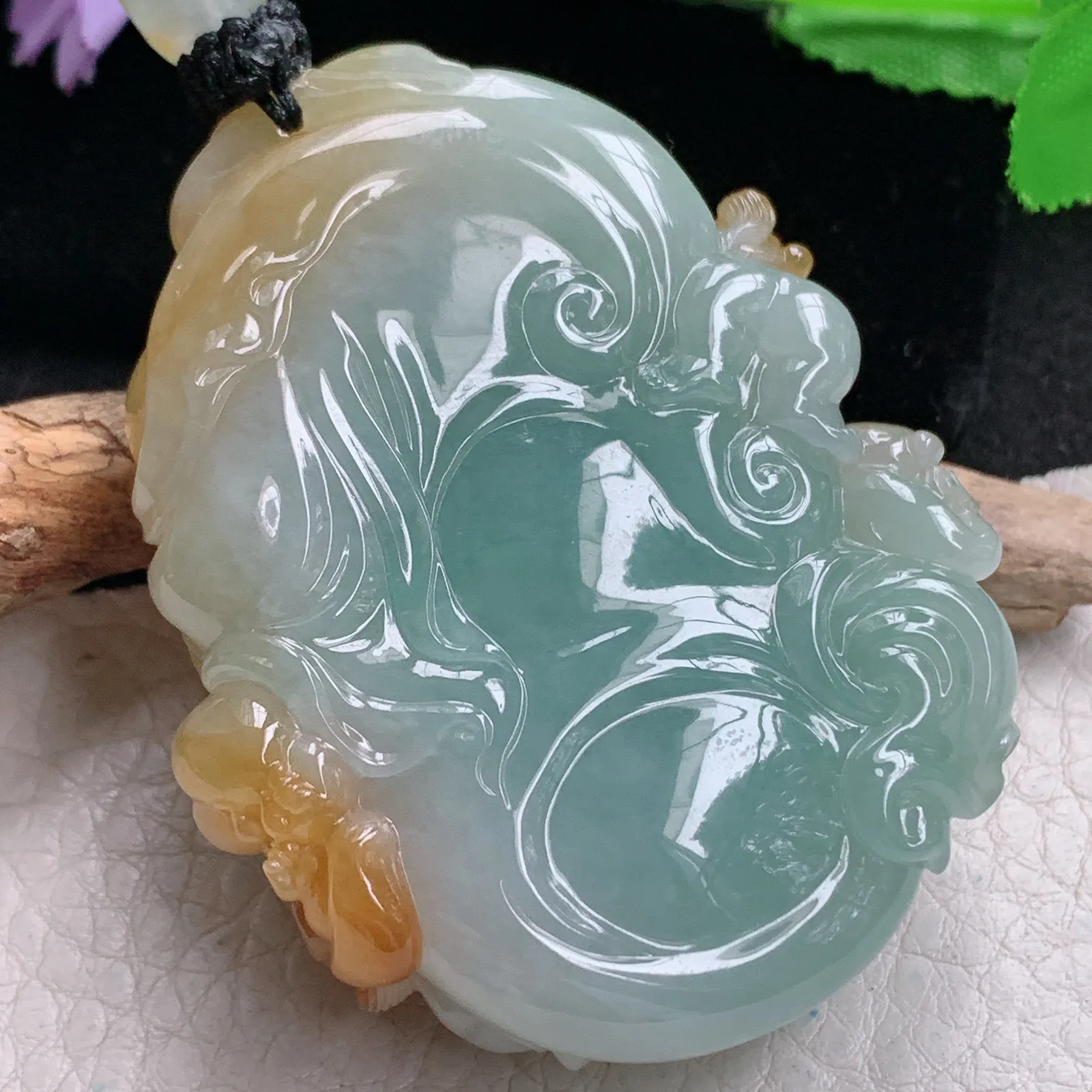 yl实拍60.8*47*19.5缅甸翡翠精雕冰双彩逍遥佛 福上加福玉吊坠 玉挂坠