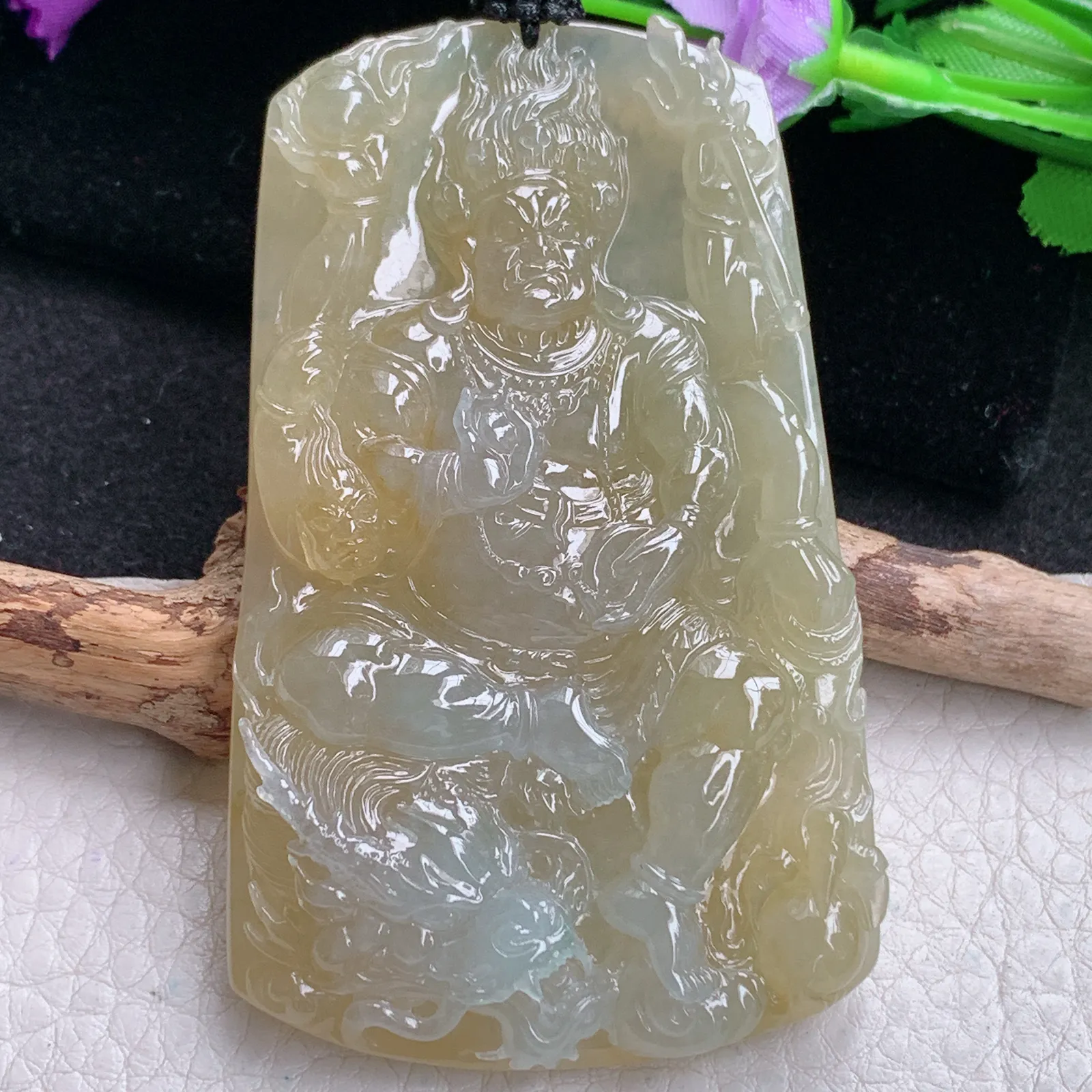 yl实拍75.5*45.5*10.8缅甸翡翠精雕冰黄黄财神玉吊坠 玉挂坠