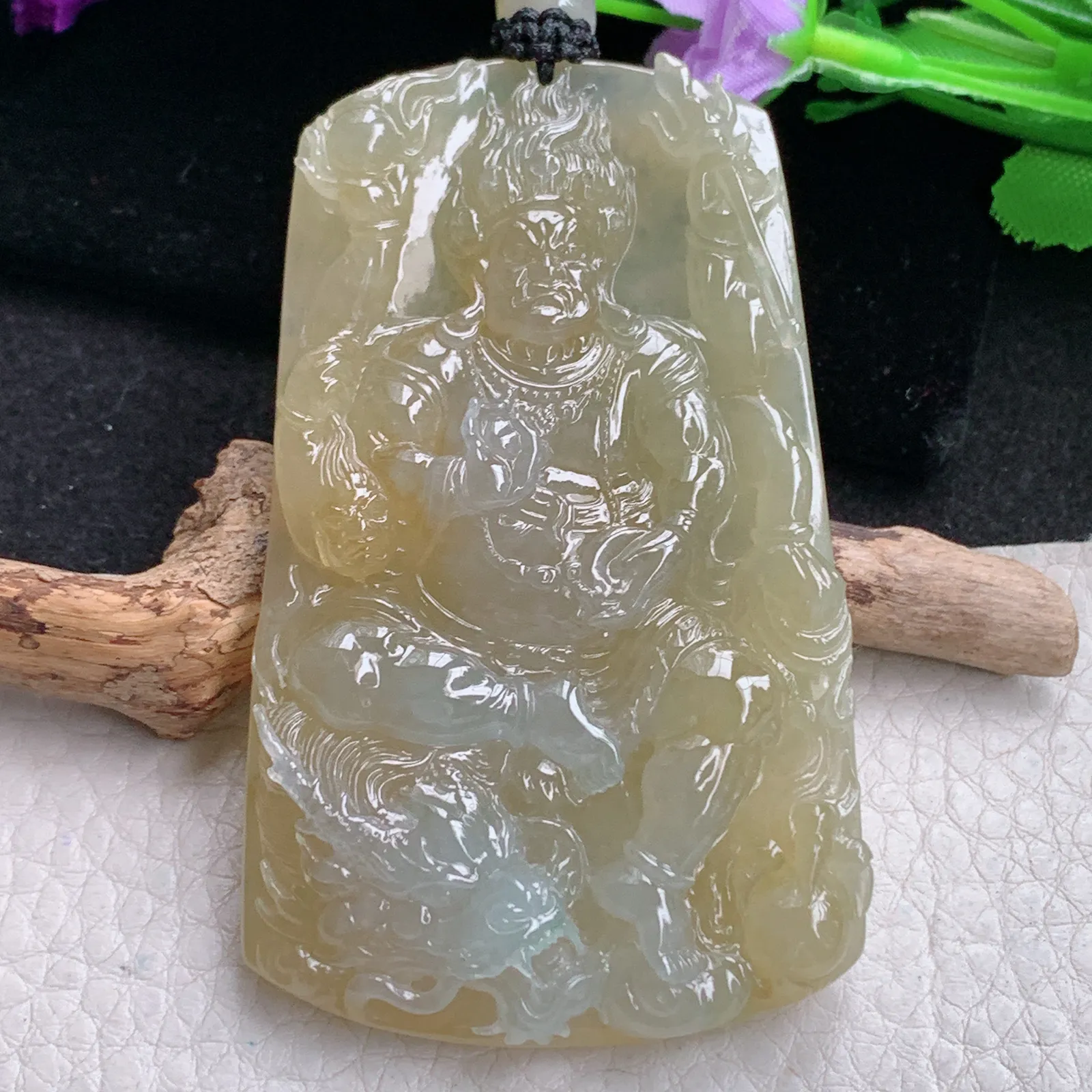 yl实拍75.5*45.5*10.8缅甸翡翠精雕冰黄黄财神玉吊坠 玉挂坠