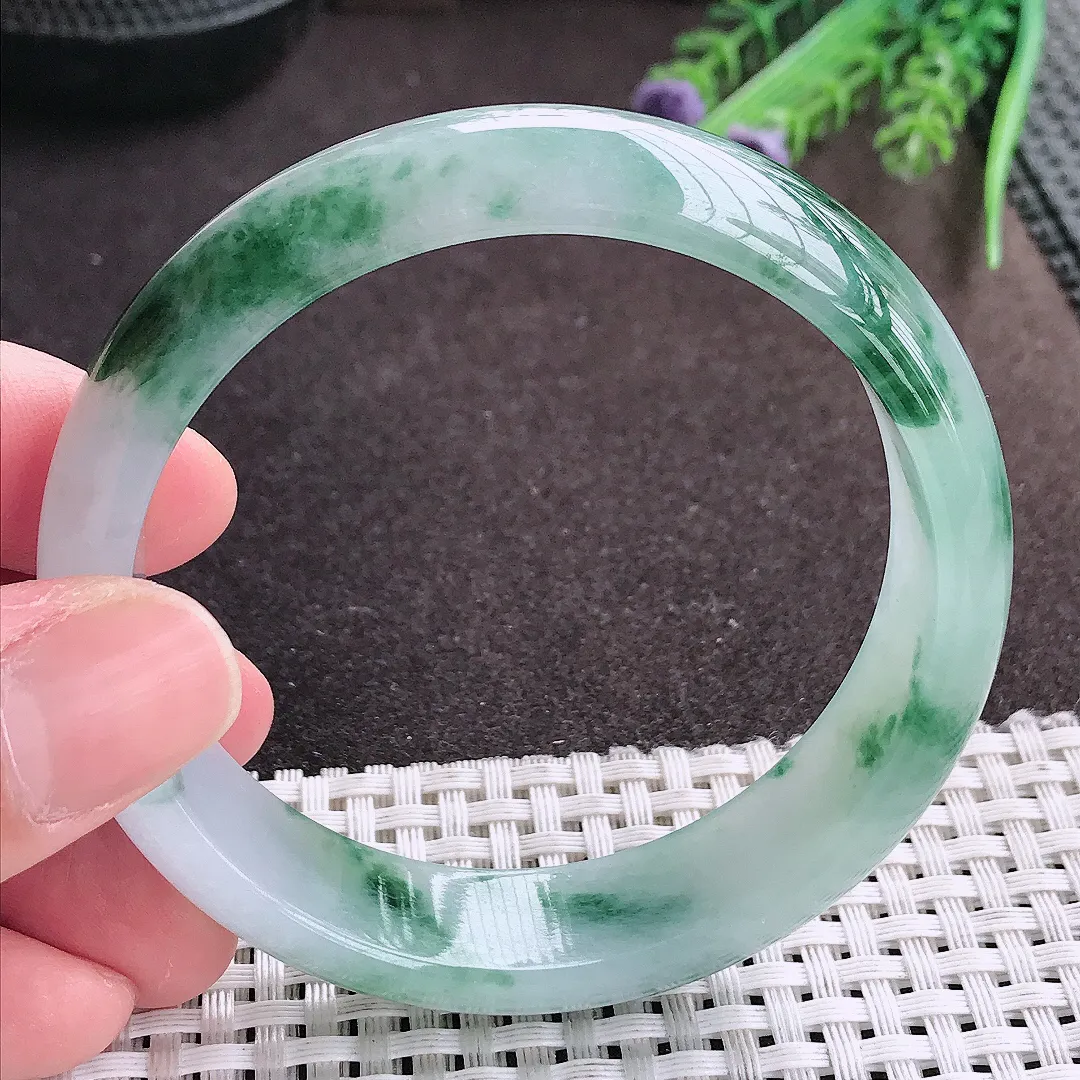 实拍A货翡翠58.8/15.8/7.3轮胎镯老坑冰胶水灵飘花手镯宽边翡翠玉镯女款