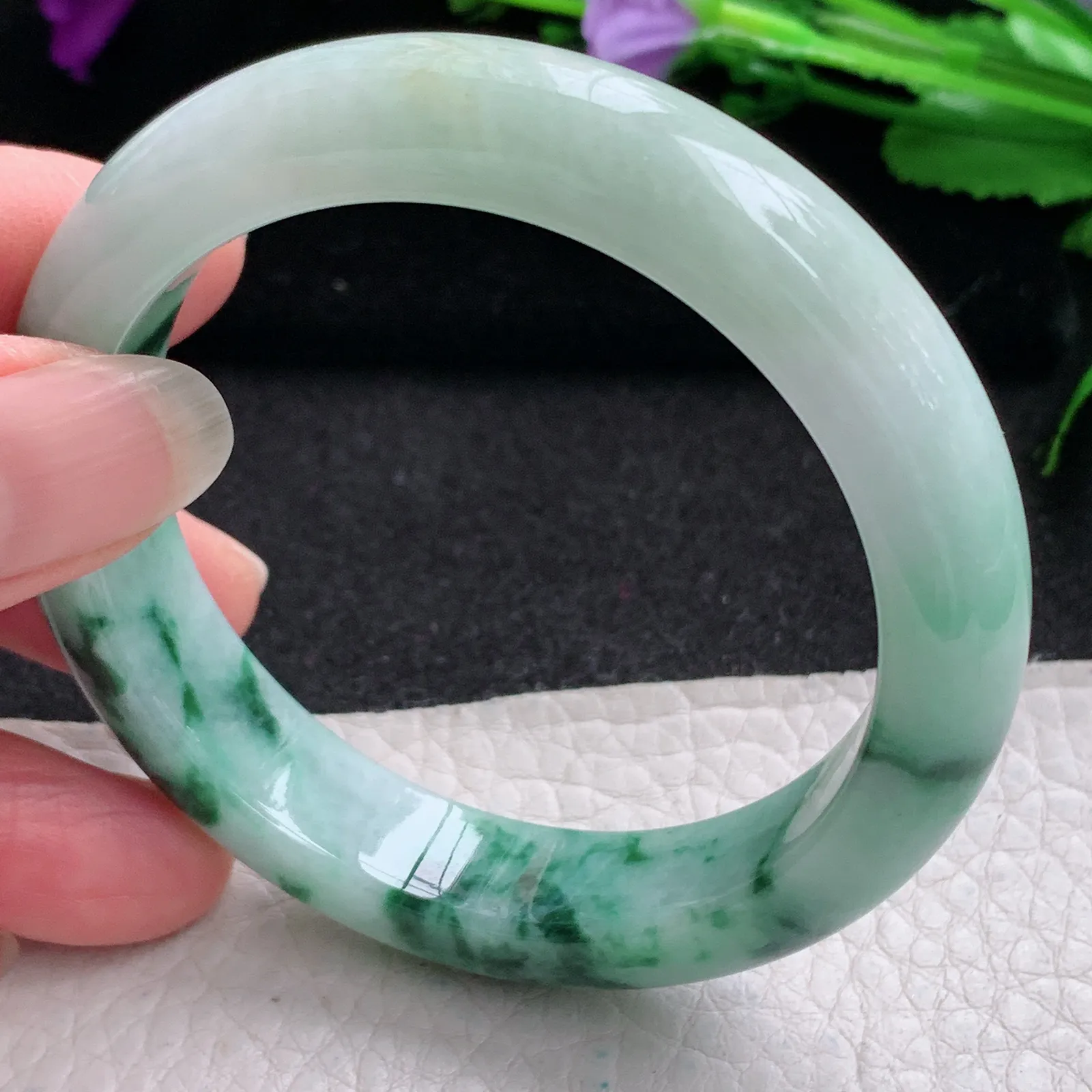 hy实拍53.8*12.5*8.5平安镯 缅甸翡翠精美飘花宽边玉手镯 玉手环