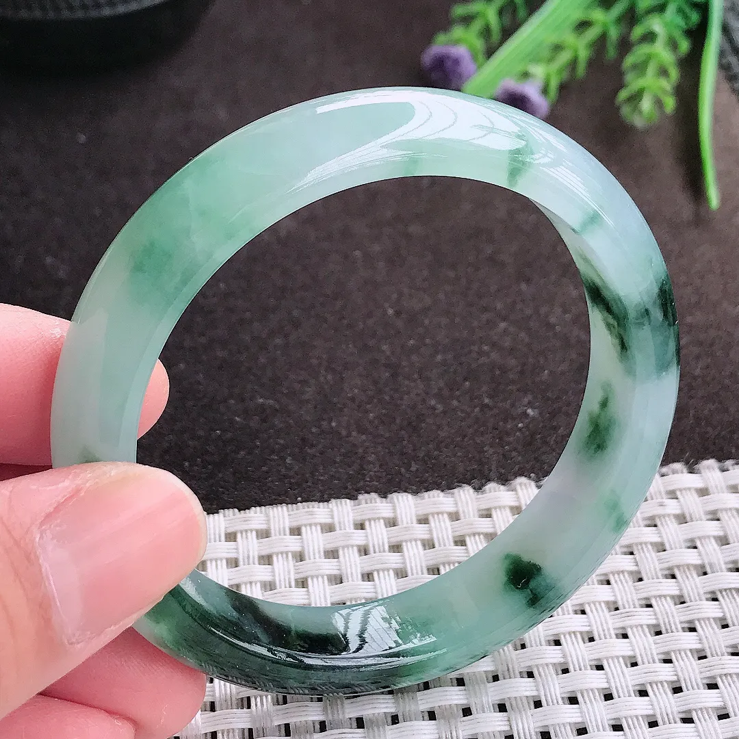 实拍A货翡翠54.8/12.6/7.6老坑精美冰胶飘花手镯宽边翡翠玉镯女款