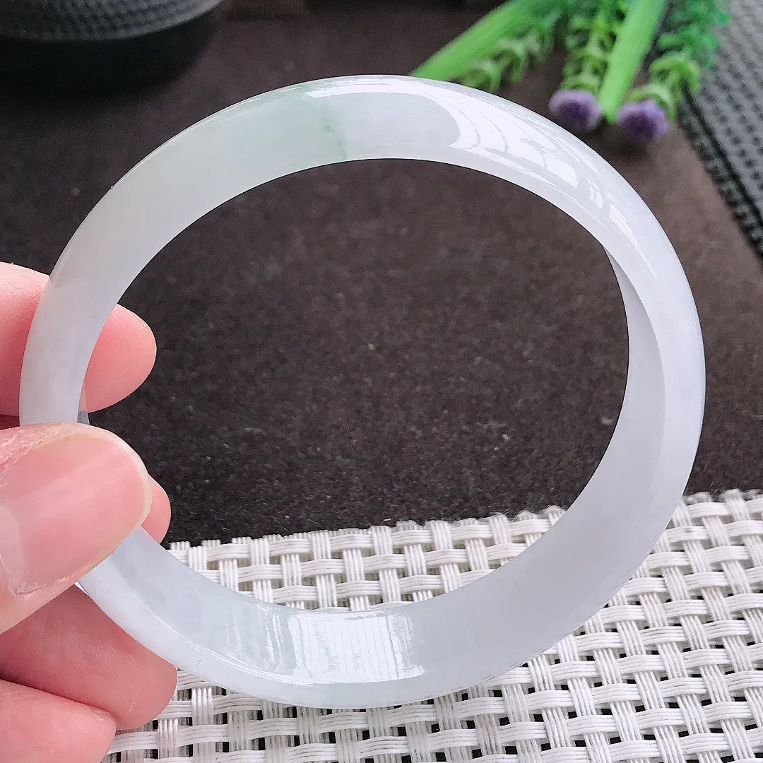 实拍A货翡翠62.5/14.9/6大圈口老坑冰润起胶飘花手镯宽边翡翠玉镯女款