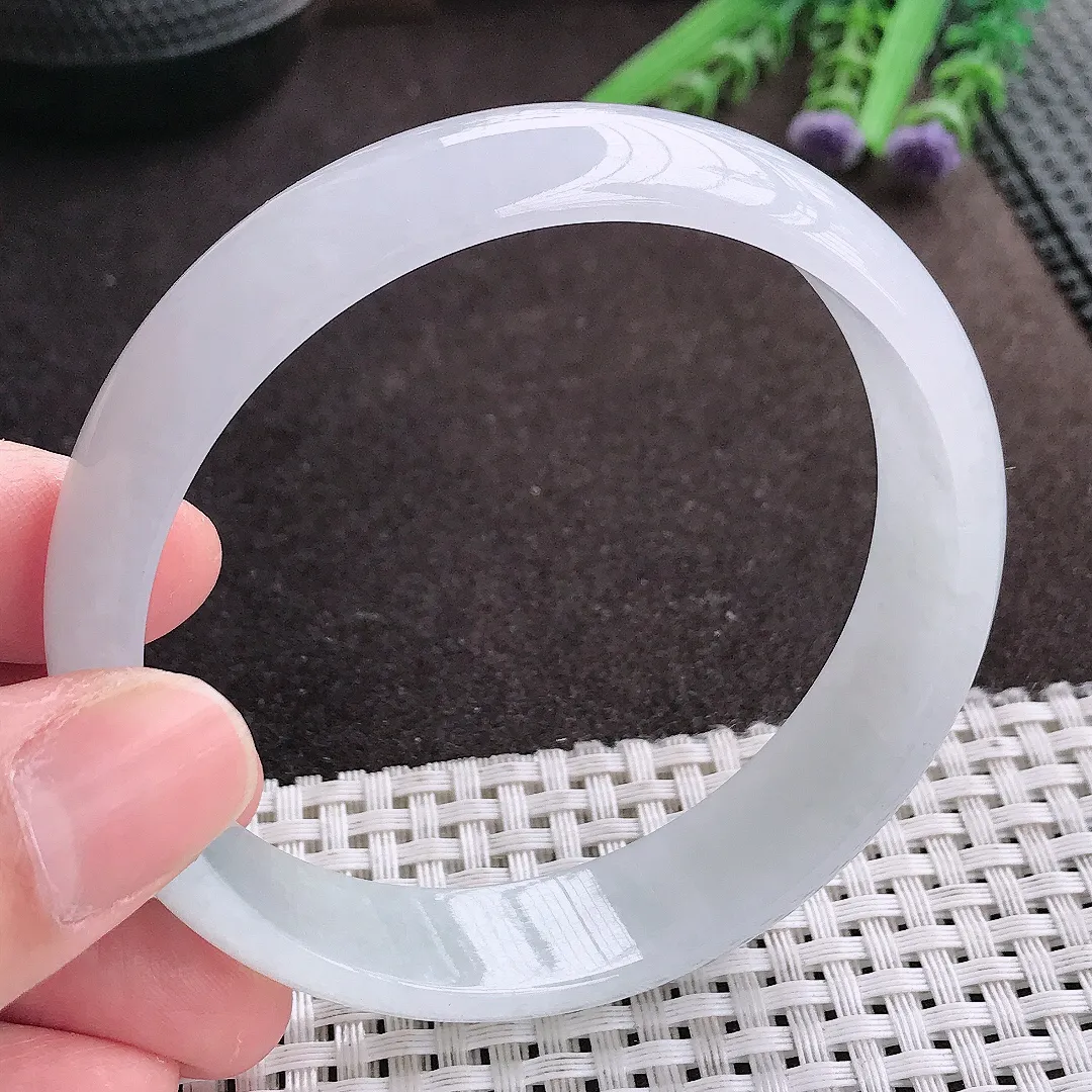 实拍A货翡翠62.5/14.9/6大圈口老坑冰润起胶飘花手镯宽边翡翠玉镯女款