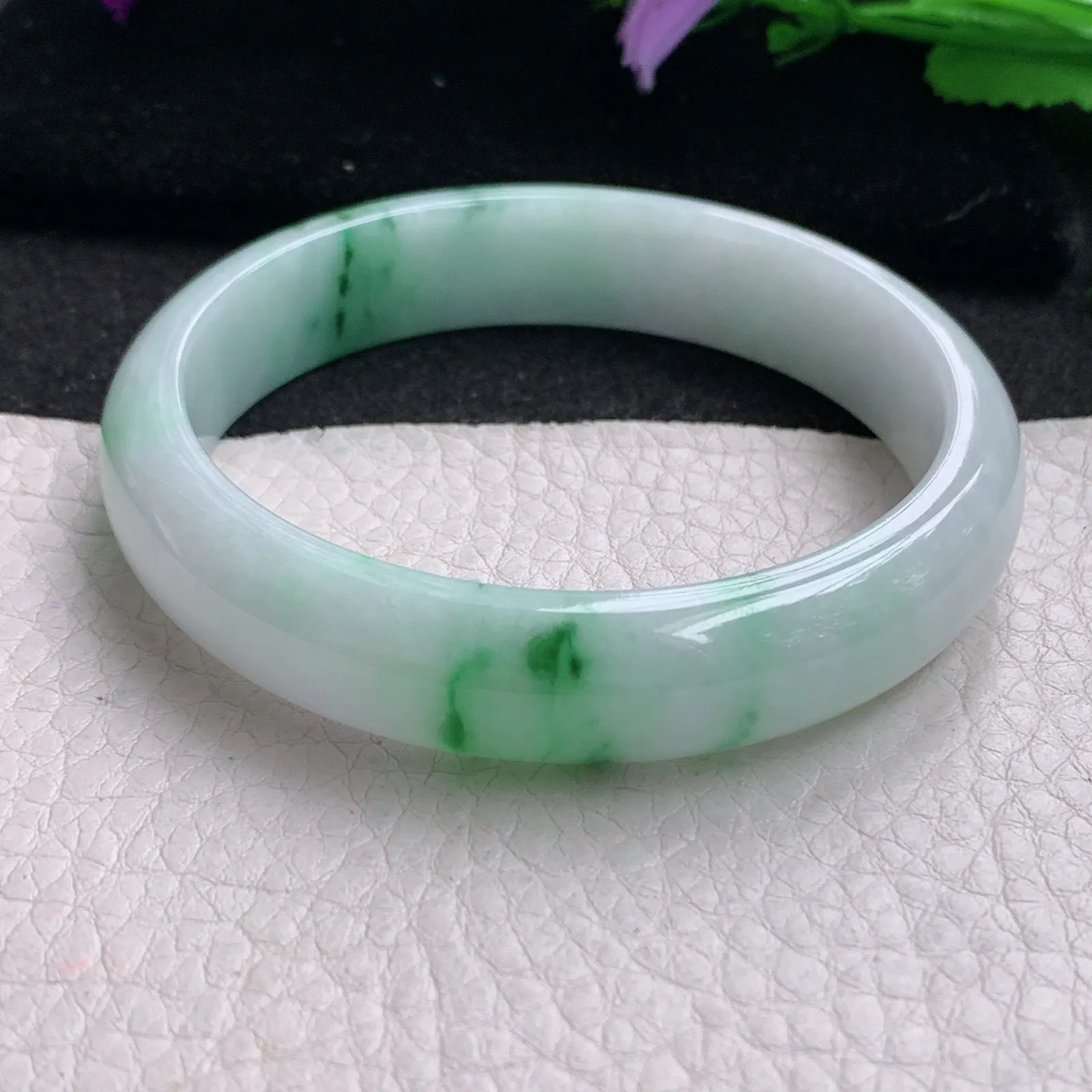 hy实拍57*12.6*7平安镯 缅甸翡翠精美冰飘花宽边玉手镯 玉手环