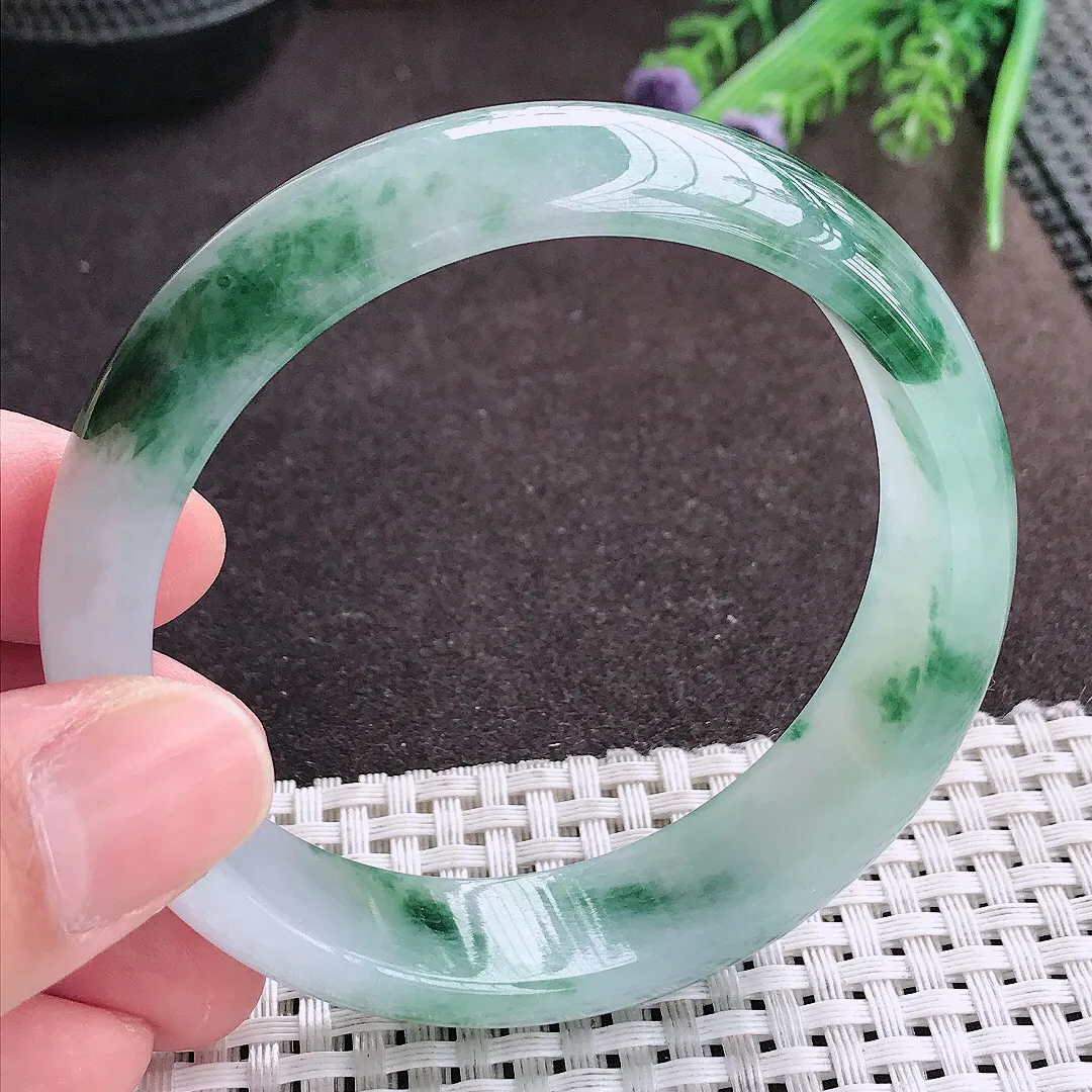 实拍A货翡翠58.8/15.8/7.3轮胎镯老坑冰胶水灵飘花手镯宽边翡翠玉镯女款