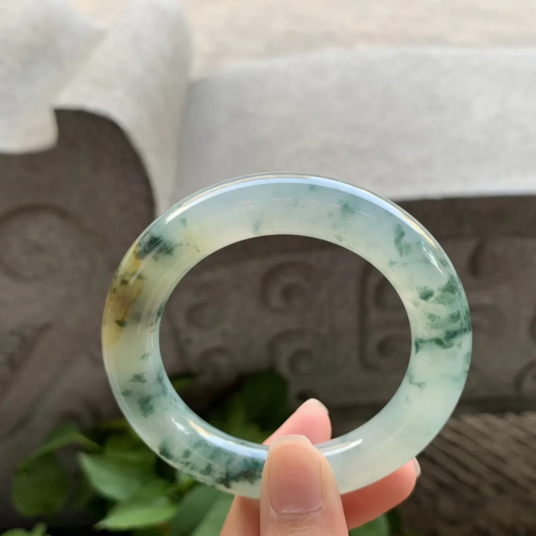 小圈口51.7-11.6 【冰飘花黄翡圆条手镯】圆条51 52可戴