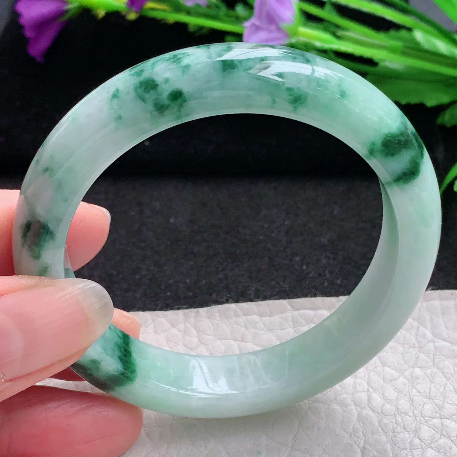 hy实拍53.8*12.5*8.5平安镯 缅甸翡翠精美飘花宽边玉手镯 玉手环