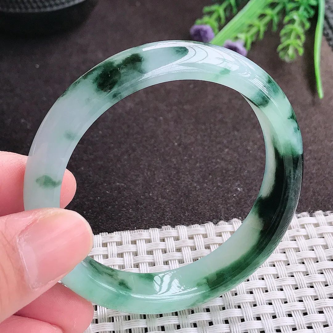 实拍A货翡翠54.8/12.6/7.6老坑精美冰胶飘花手镯宽边翡翠玉镯女款