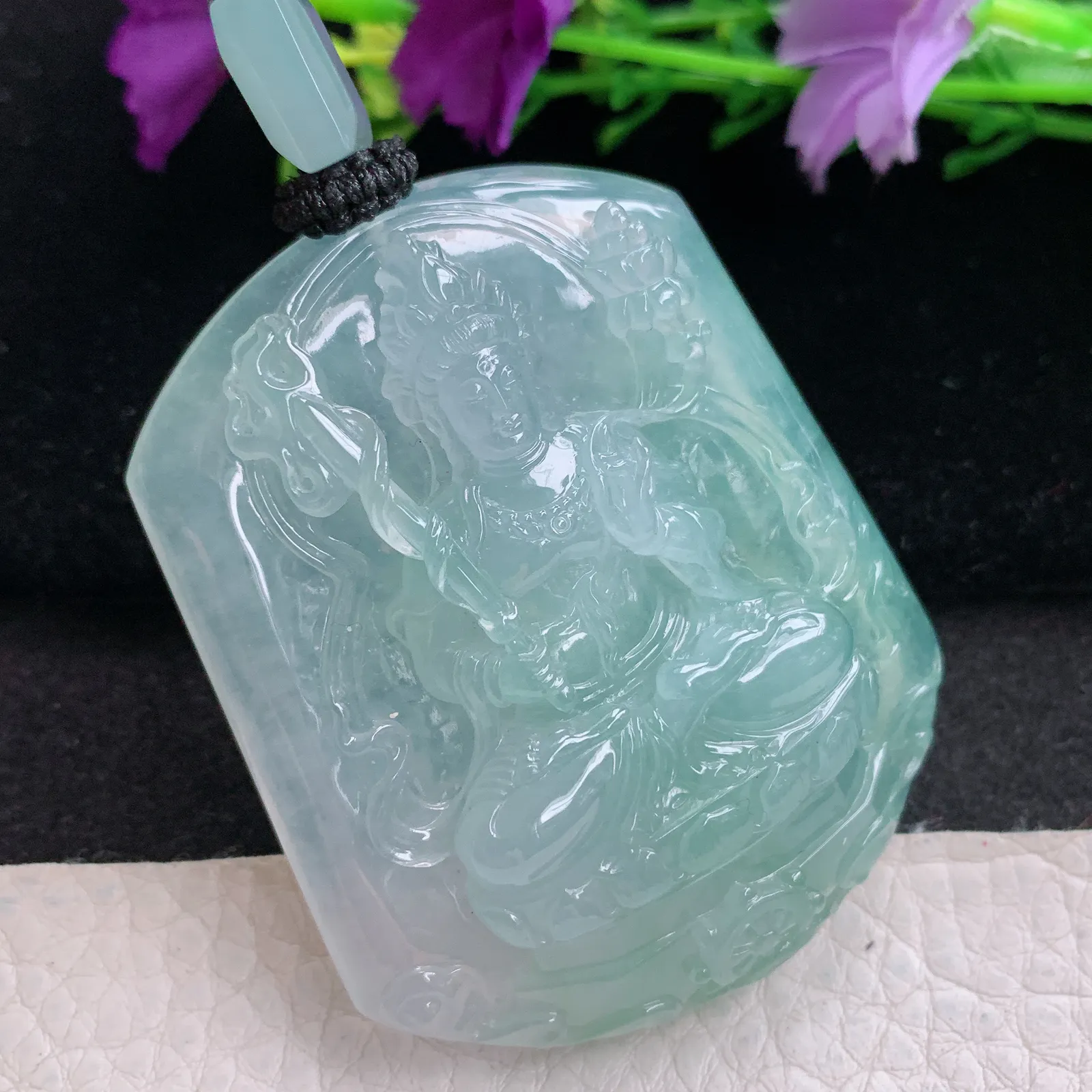 yl实拍56.4*47*11.8缅甸翡翠精雕冰绿虚空藏 生肖守护神玉吊坠 玉挂坠