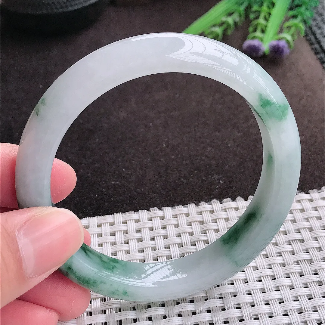 实拍A货翡翠58.5/11.8/8.5老坑精美冰润飘花手镯宽边翡翠玉镯女款