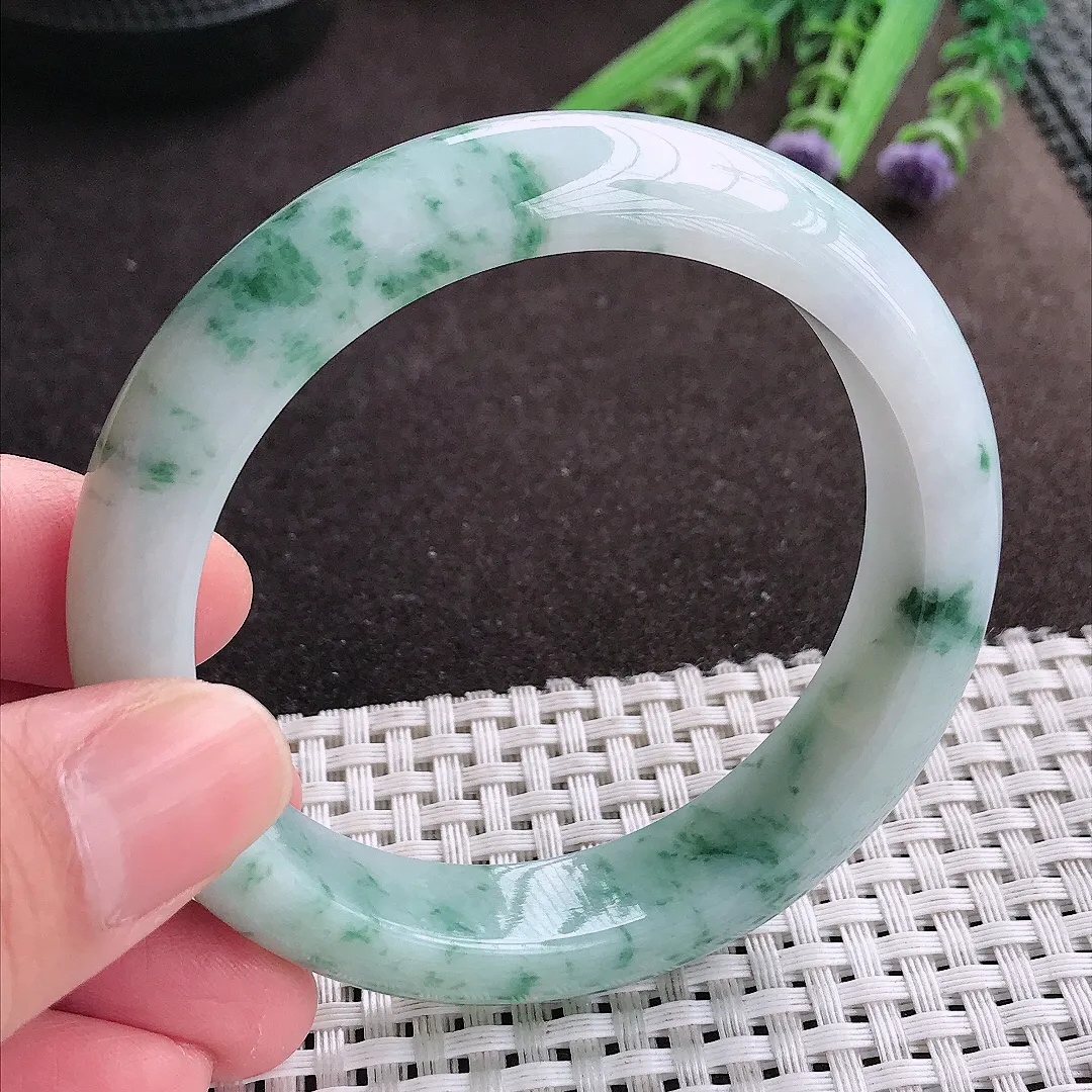 实拍A货翡翠56.5/13/8.6老坑精美冰润飘花手镯宽边翡翠玉镯女款