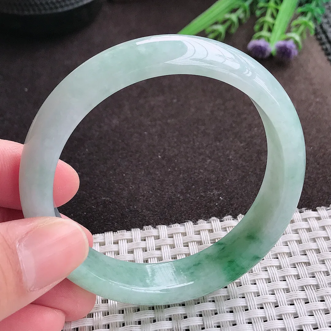 实拍A货翡翠57.5/14/7.6老坑冰润飘花手镯宽边翡翠玉镯女款