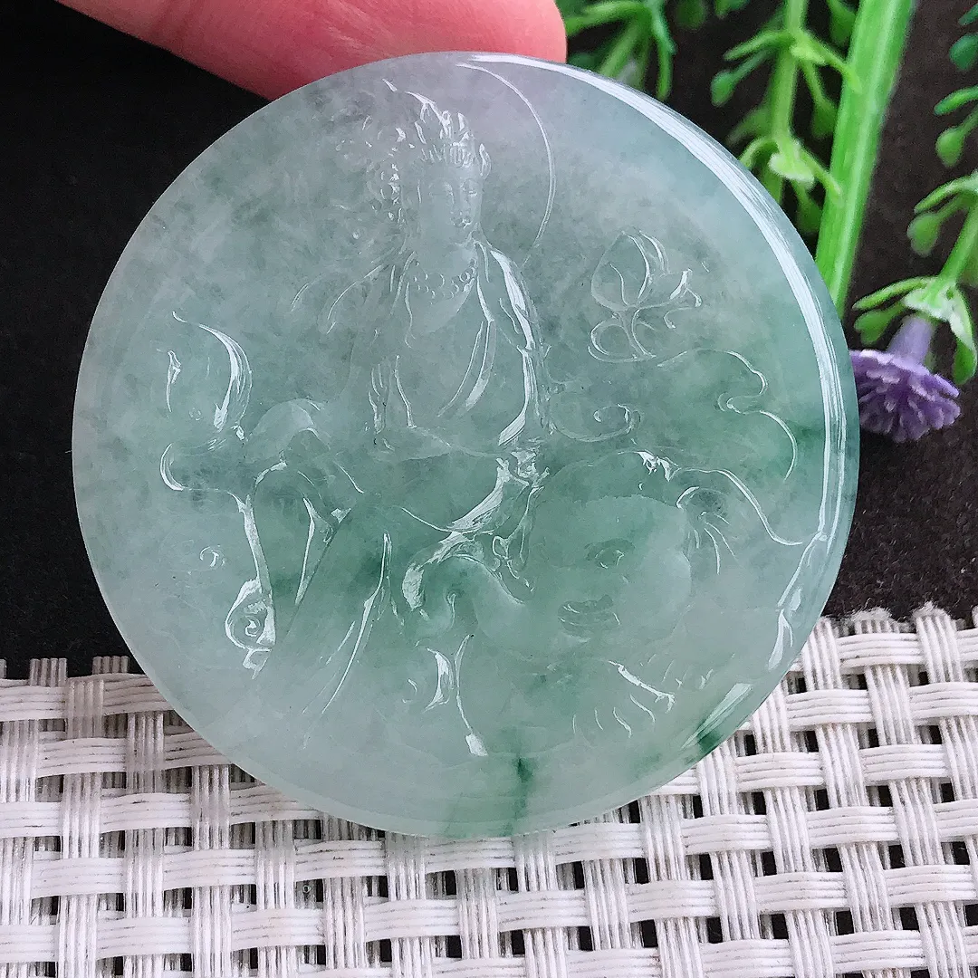 实拍A货翡翠49.8/4.7老坑冰胶果冻冰晴飘花普贤菩萨吊坠翡翠挂件