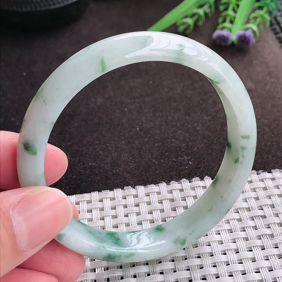 实拍A货翡翠58/12/7老坑精美温润特色飘花手镯宽边翡翠玉镯女款