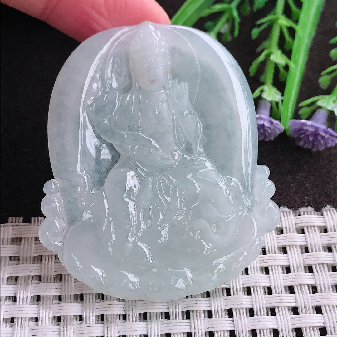 实拍A货翡翠53/47/5.5老坑冰透起胶普贤菩萨吊坠翡翠挂件