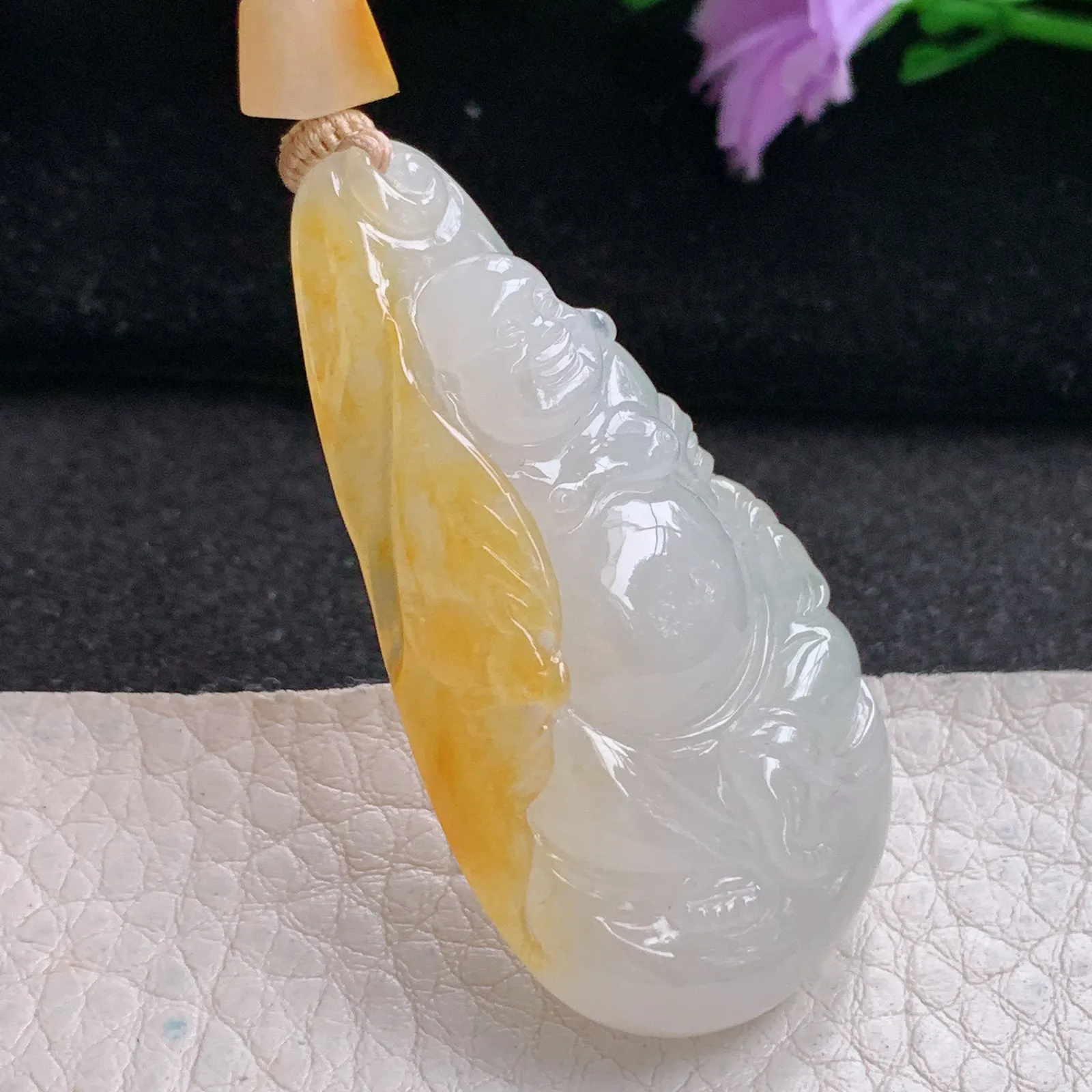 csy实拍48.8*26*9.2缅甸翡翠精雕冰双彩逍遥佛 佛公玉吊坠 玉挂坠