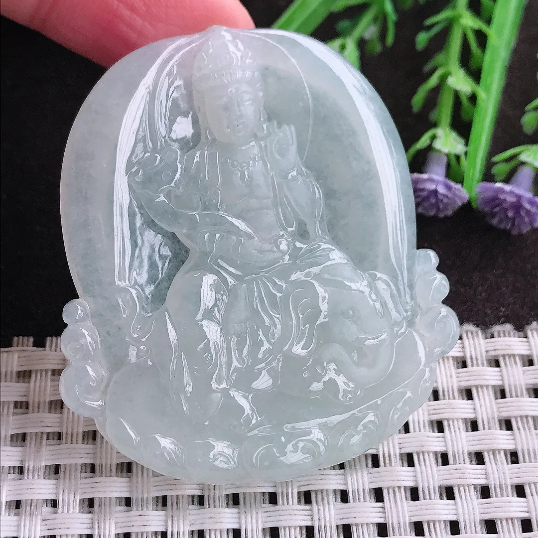 实拍A货翡翠53/47/5.5老坑冰透起胶普贤菩萨吊坠翡翠挂件