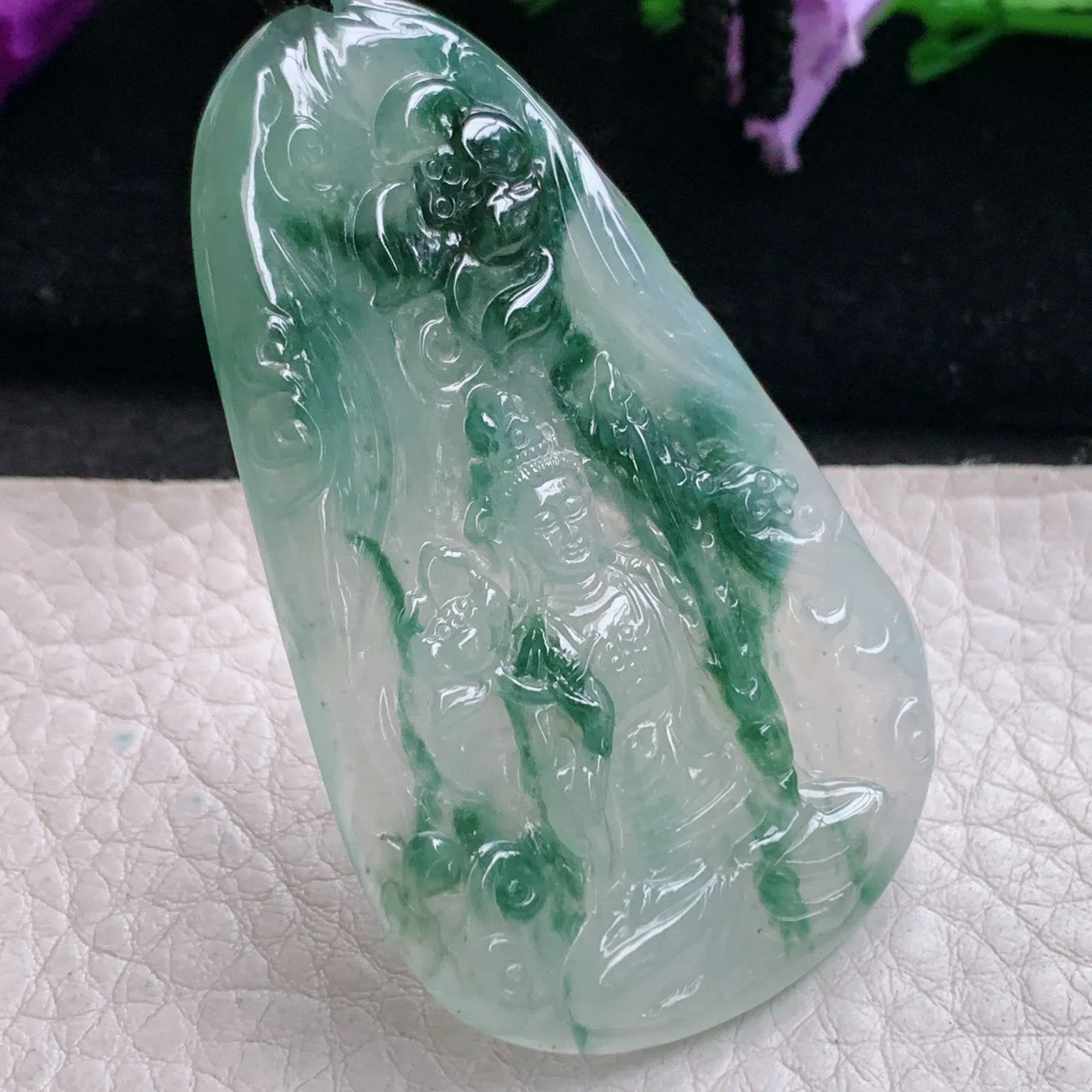 csy实拍58.3*36.7*5缅甸翡翠精雕冰飘花虚空藏 生肖守护神玉吊坠 玉挂坠