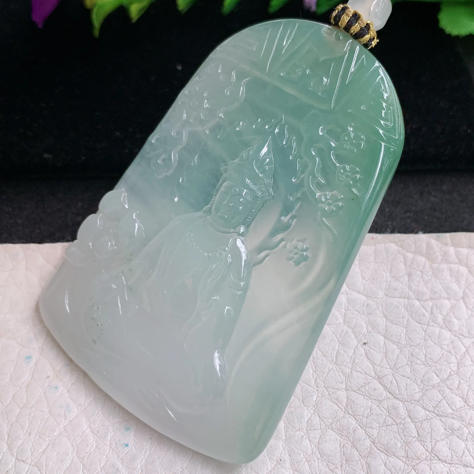 yl实拍63.3*43.5*5.2缅甸翡翠精雕冰晴持莲观音 玉观音玉吊坠 玉挂坠