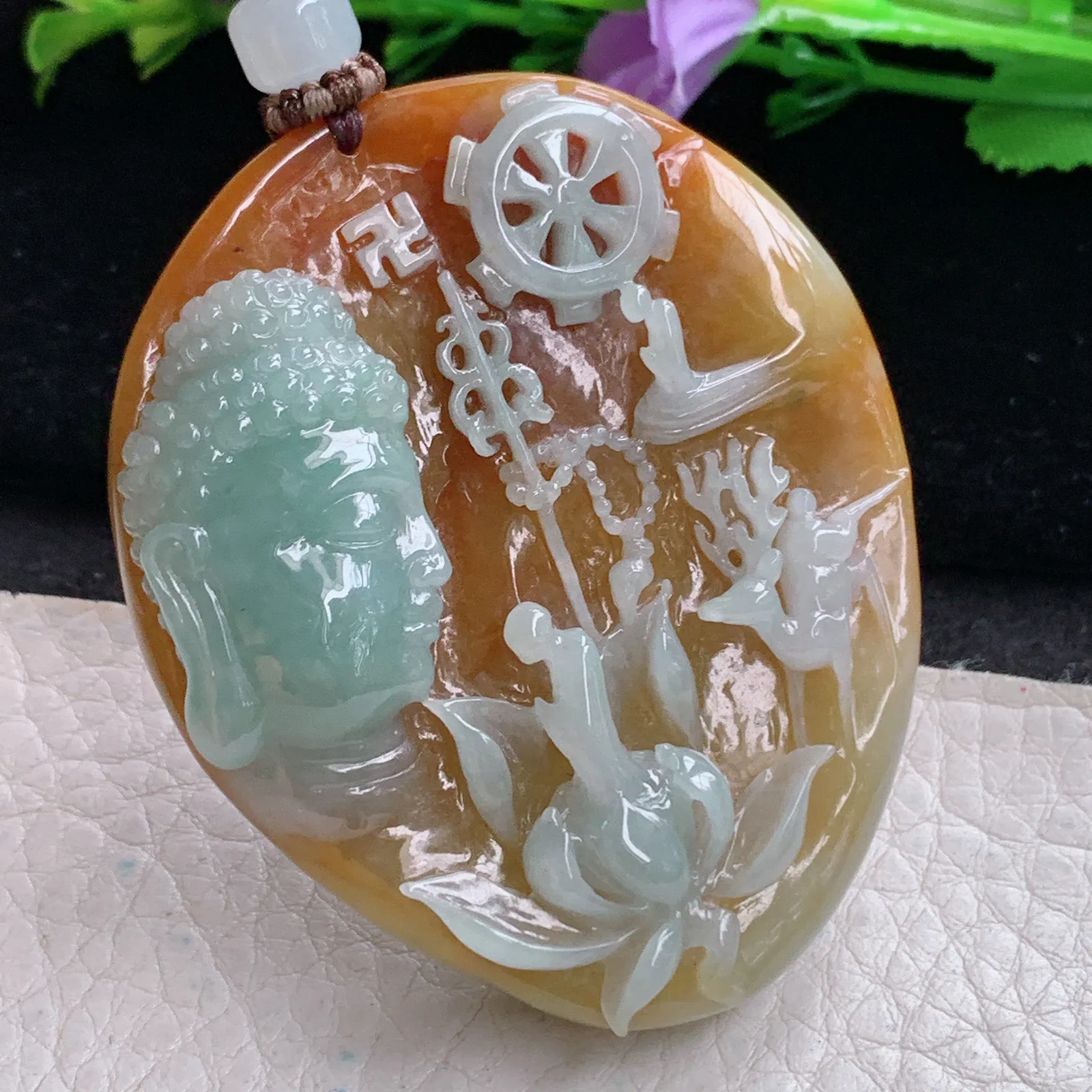 csy实拍59.5*48.8*13.8缅甸翡翠特色巧雕花开见佛 佛祖玉吊坠 玉挂坠