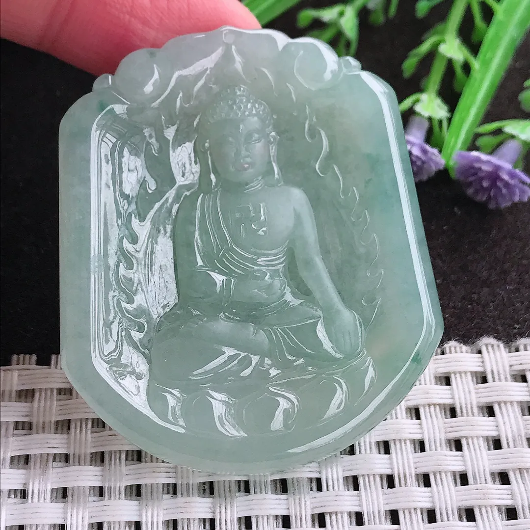 实拍A货翡翠49.8/44/5.3老坑冰胶水灵冰晴绿阿弥陀佛吊坠翡翠挂件