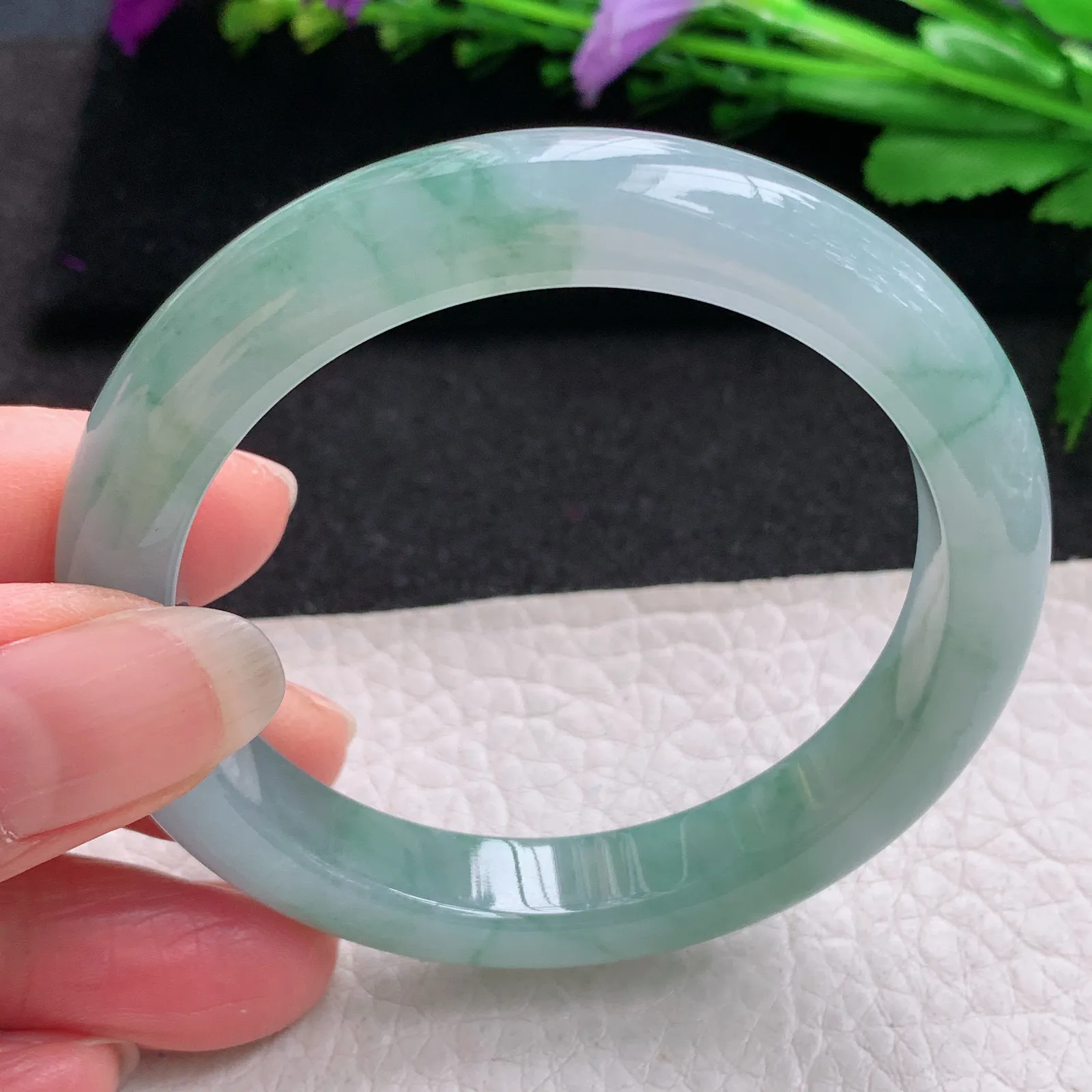 yh小圈口52.6*10*8平安镯 缅甸翡翠精美冰胶秀气宽边玉手镯 玉手环