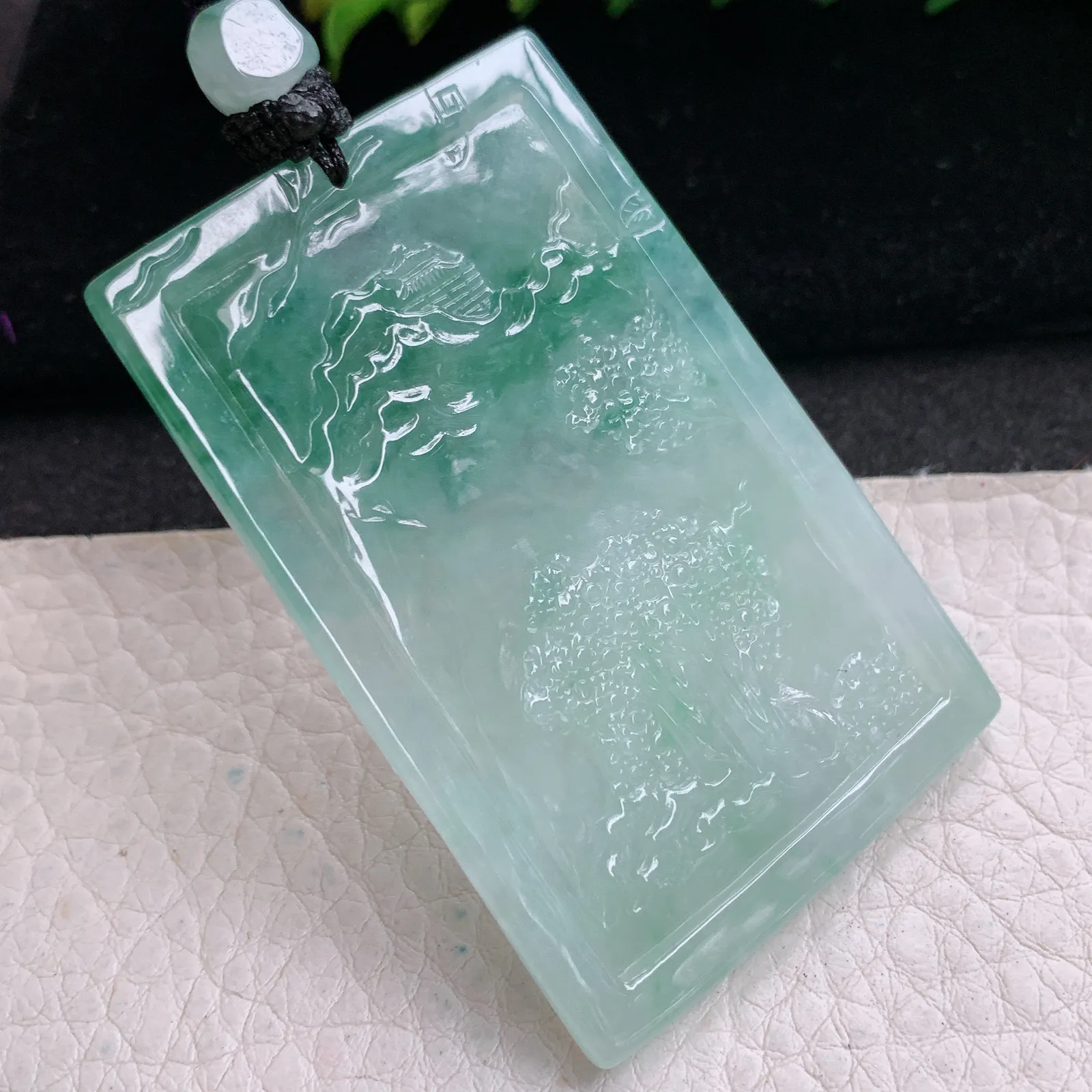 csy实拍59.3*38.8*5.6缅甸翡翠精雕冰飘绿山水 大好河山玉吊坠 玉挂坠