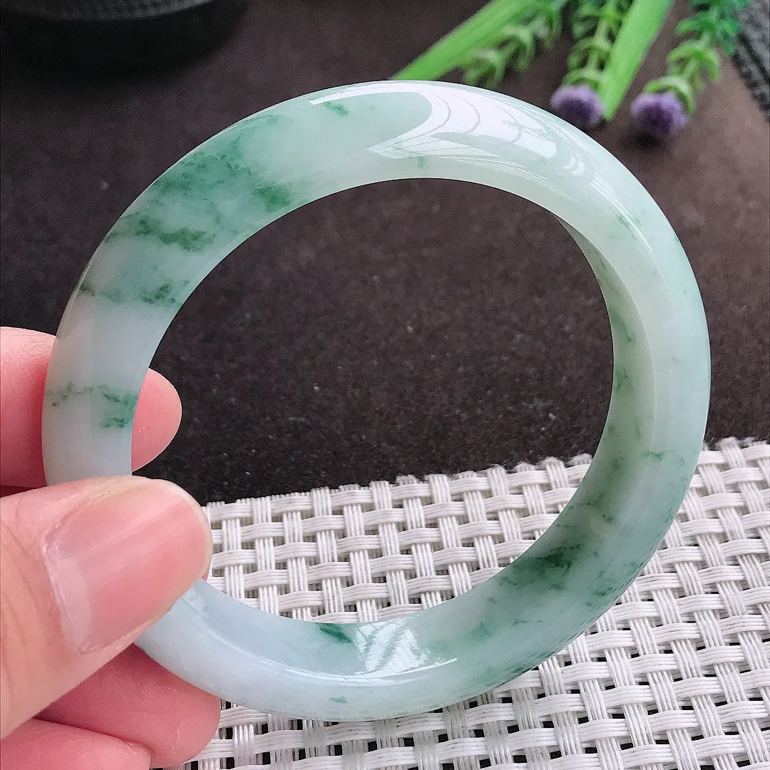 实拍A货翡翠56.5/13/8.6老坑精美冰润飘花手镯宽边翡翠玉镯女款