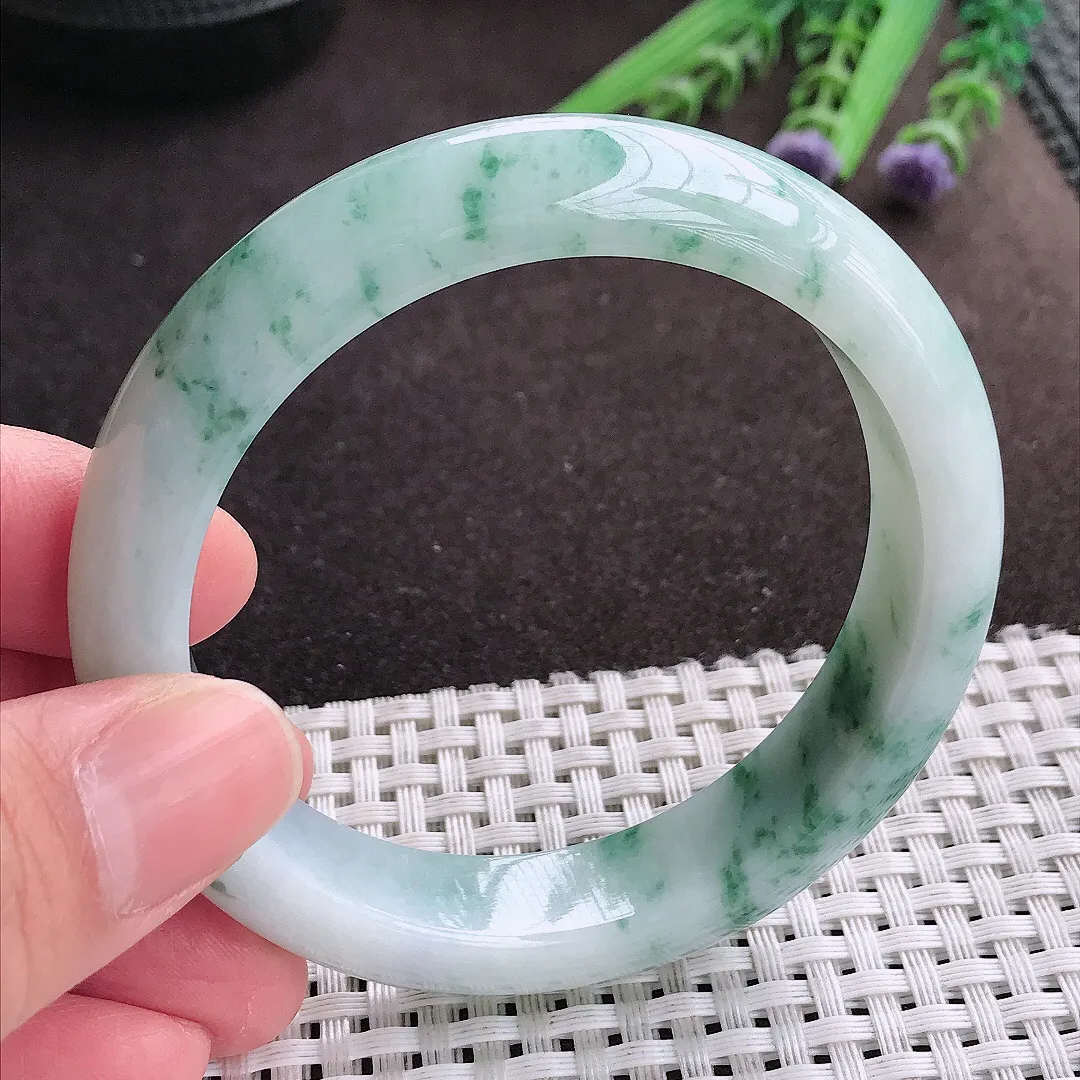 实拍A货翡翠56.5/13/8.6老坑精美冰润飘花手镯宽边翡翠玉镯女款