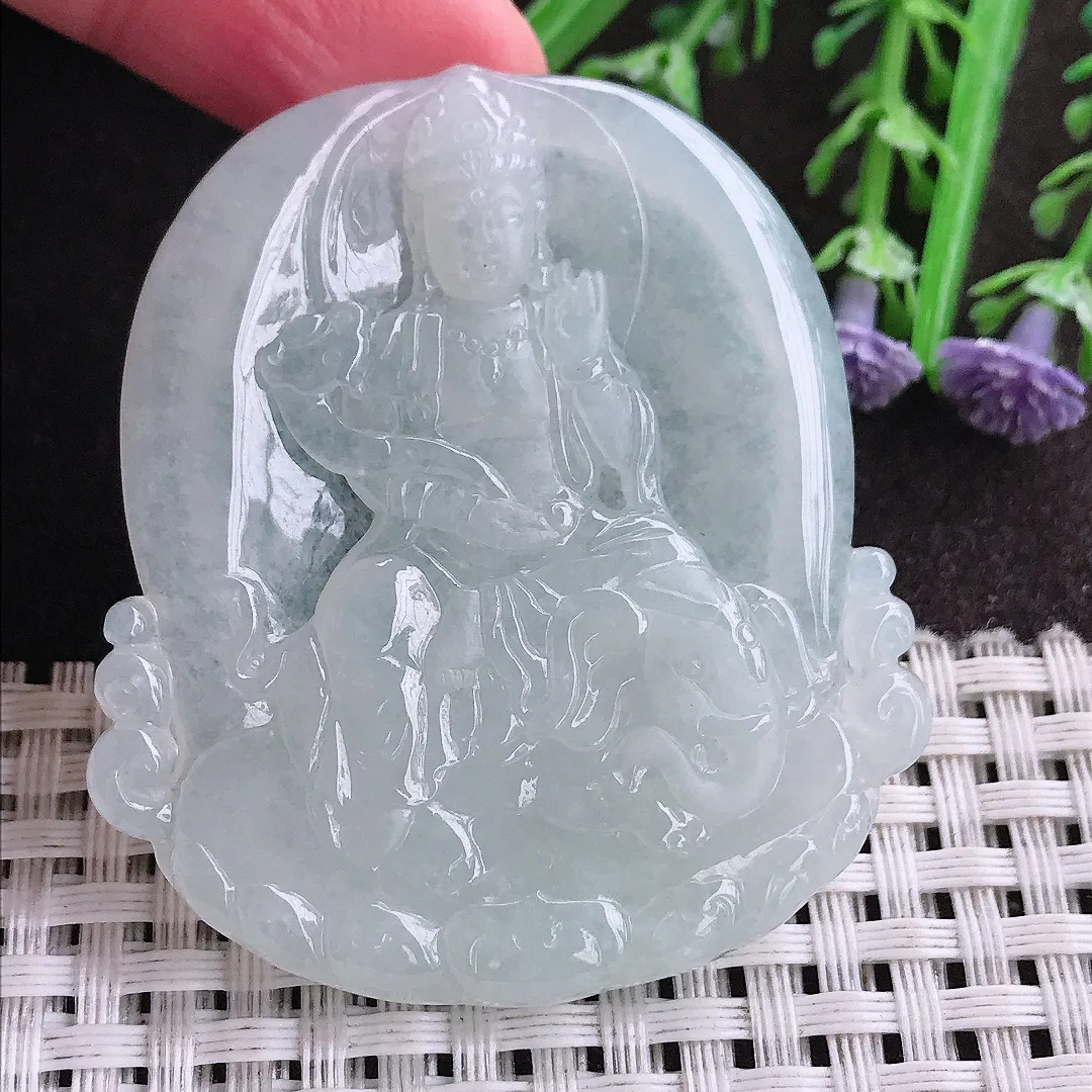 实拍A货翡翠53/47/5.5老坑冰透起胶普贤菩萨吊坠翡翠挂件