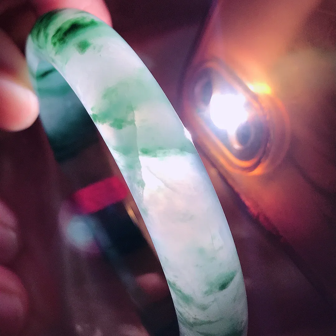 实拍A货翡翠54/10.4/7.3老坑冰胶水灵福禄寿三彩手镯宽边翡翠玉镯女款