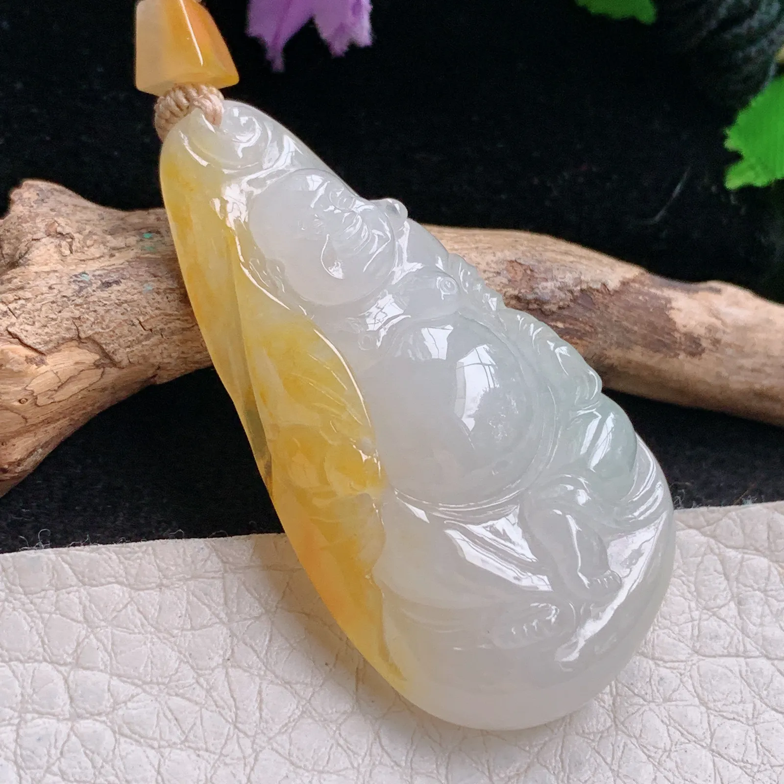 csy实拍48.8*26*9.2缅甸翡翠精雕冰双彩逍遥佛 佛公玉吊坠 玉挂坠