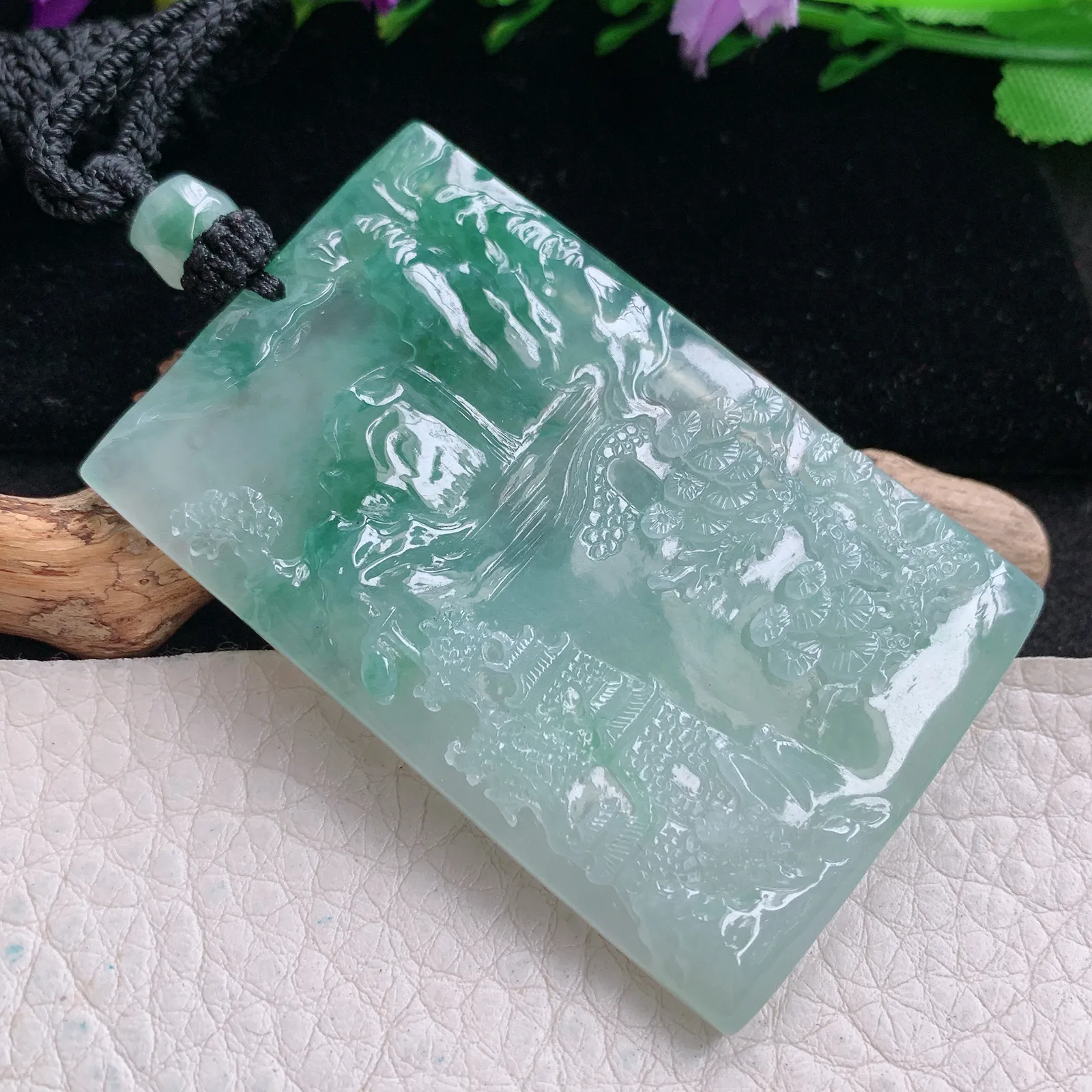 csy实拍59.3*38.8*5.6缅甸翡翠精雕冰飘绿山水 大好河山玉吊坠 玉挂坠