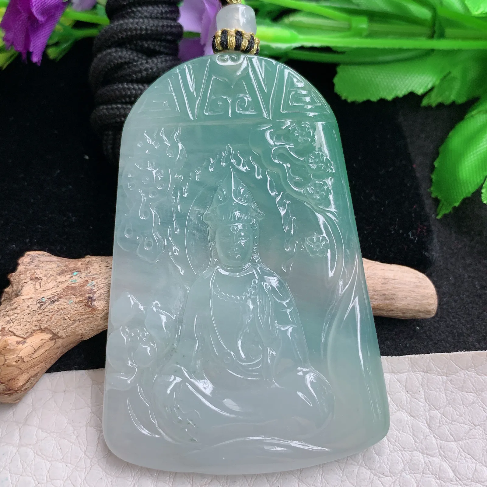 yl实拍63.3*43.5*5.2缅甸翡翠精雕冰晴持莲观音 玉观音玉吊坠 玉挂坠
