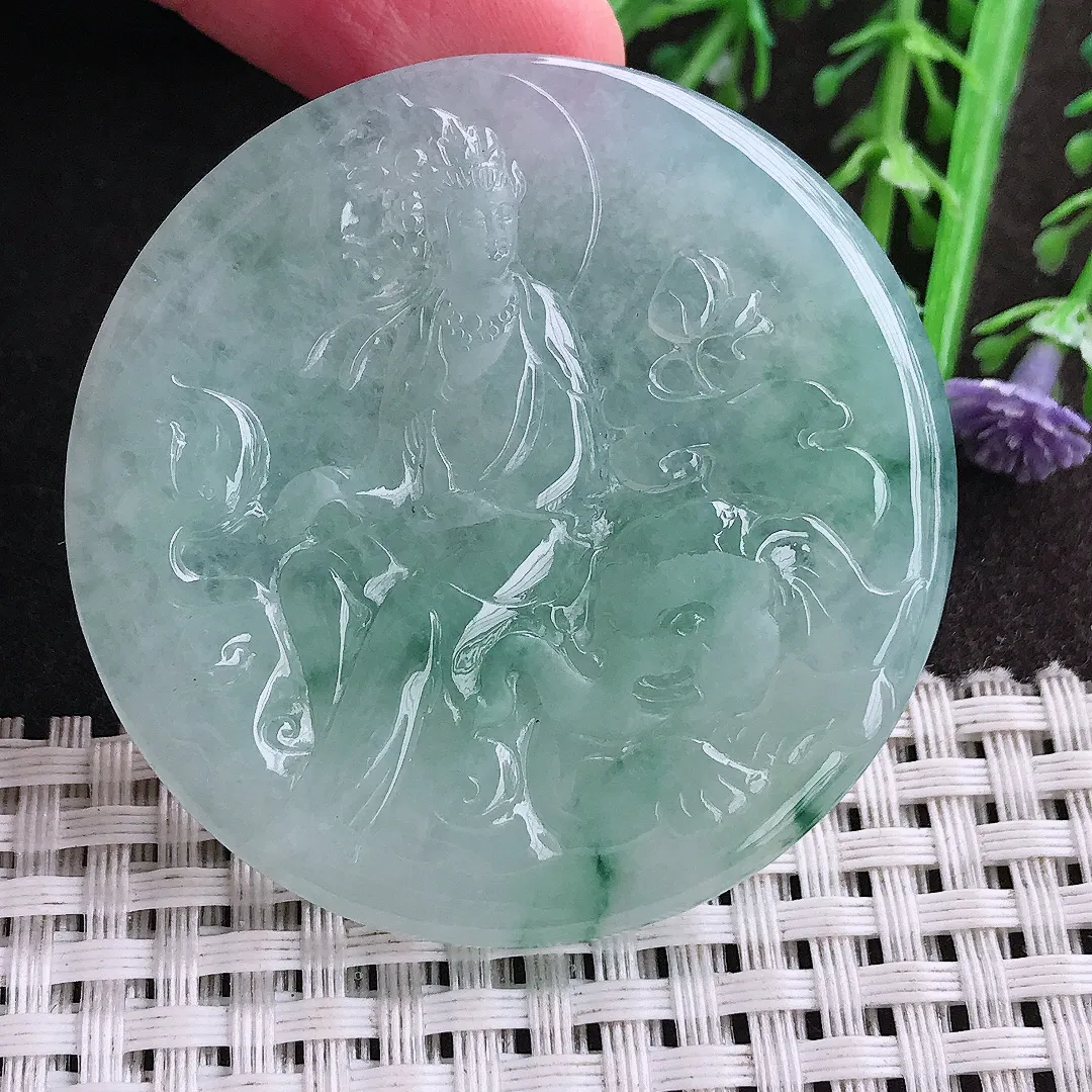 实拍A货翡翠49.8/4.7老坑冰胶果冻冰晴飘花普贤菩萨吊坠翡翠挂件