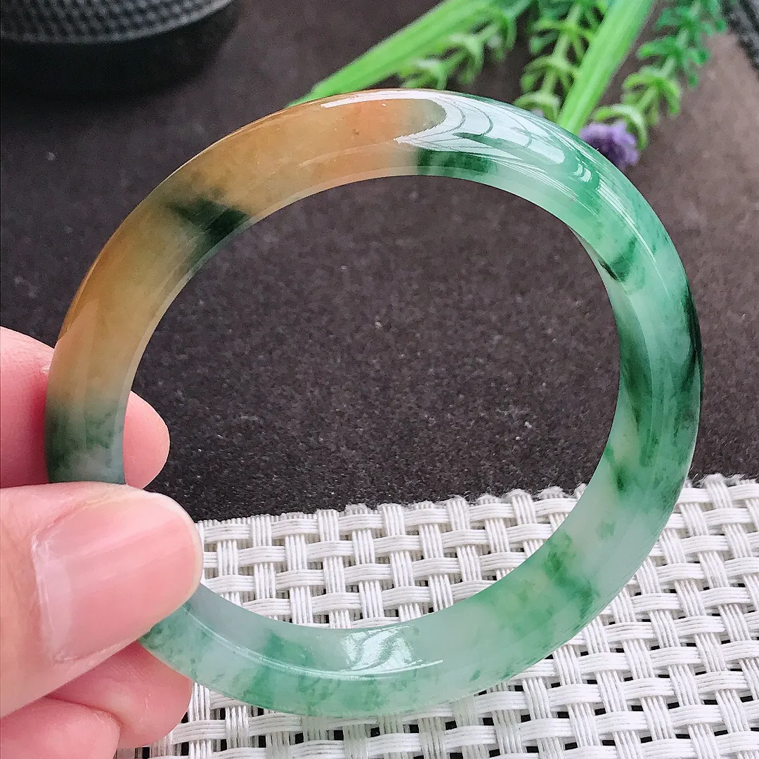 实拍A货翡翠54/10.4/7.3老坑冰胶水灵福禄寿三彩手镯宽边翡翠玉镯女款