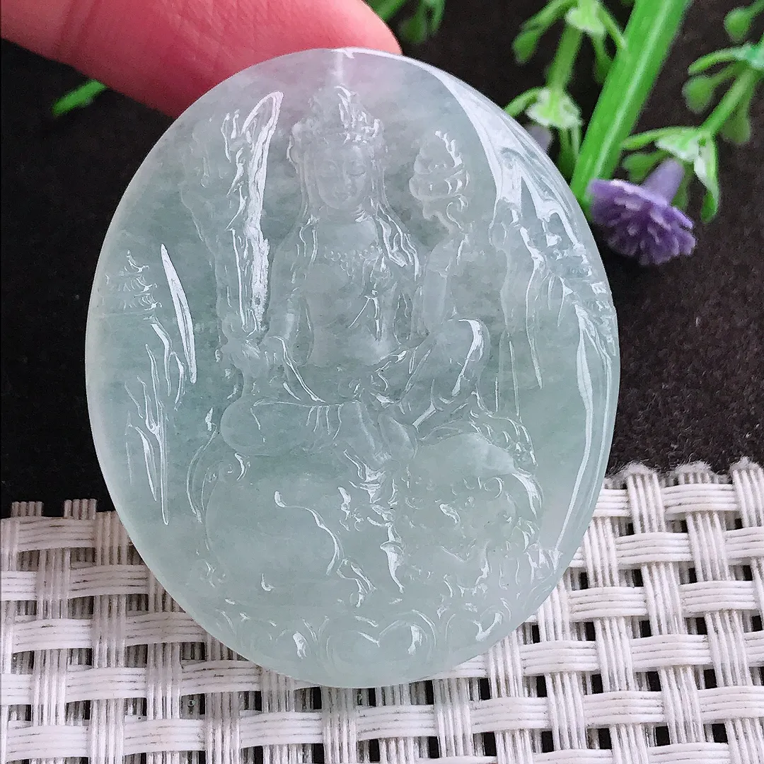 实拍A货翡翠46.8/38.8/4.8老坑冰胶果冻冰纯文殊菩萨吊坠翡翠挂件