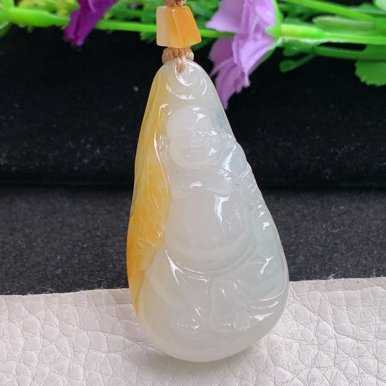 csy实拍48.8*26*9.2缅甸翡翠精雕冰双彩逍遥佛 佛公玉吊坠 玉挂坠