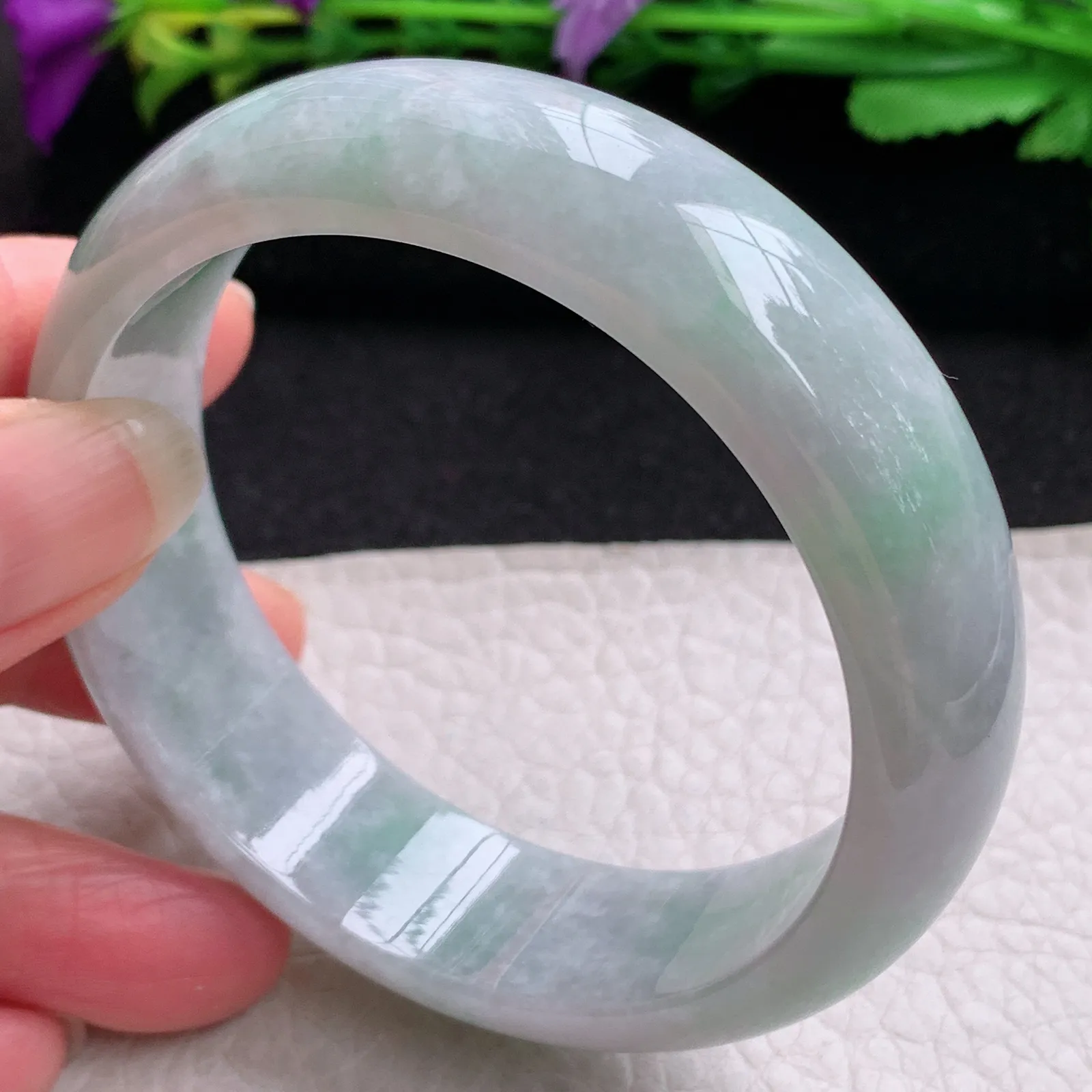 js实拍58.5*17.3*7.6轮胎镯 缅甸翡翠精美淡春带彩宽边玉手镯 玉手环