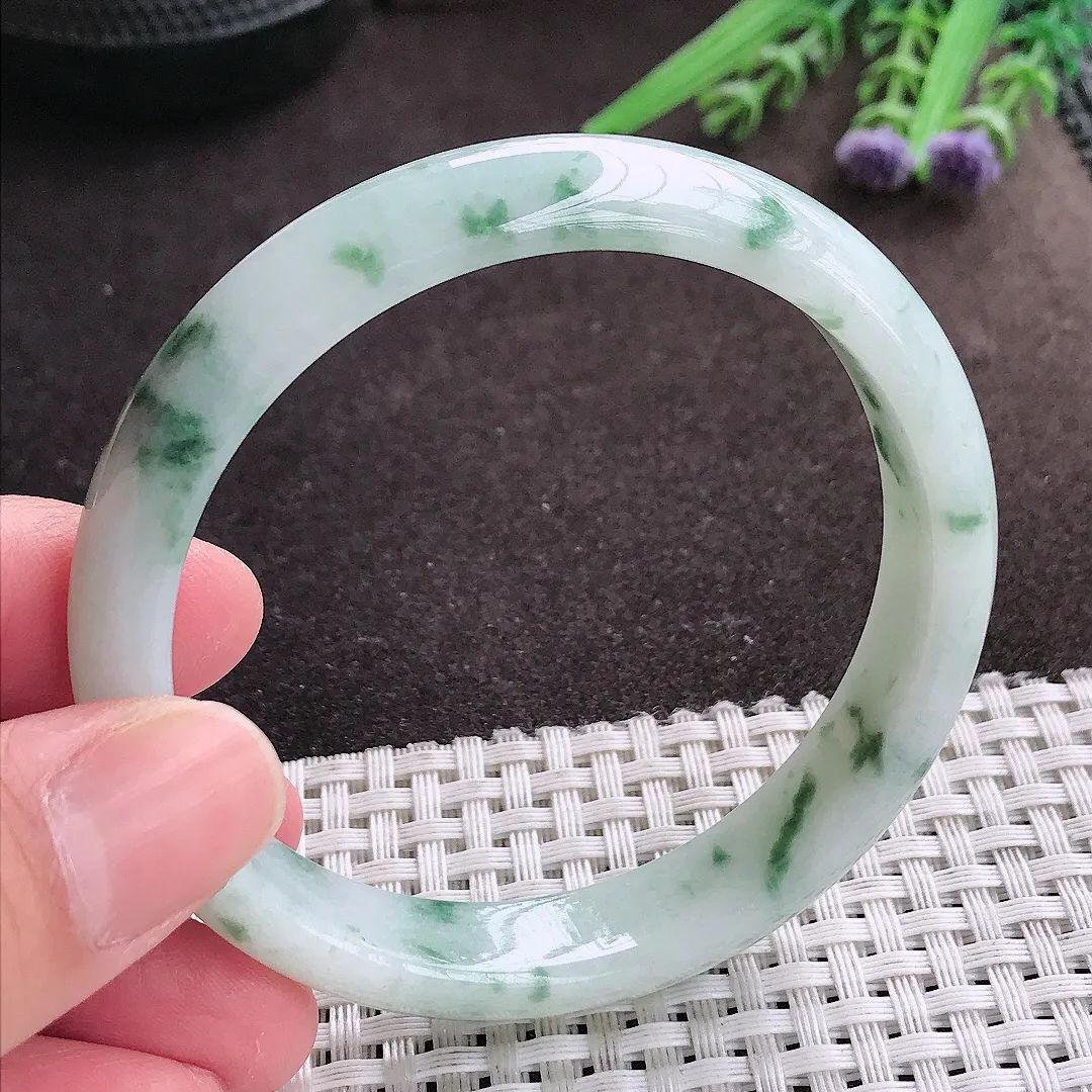 实拍A货翡翠58/12/7老坑精美温润特色飘花手镯宽边翡翠玉镯女款