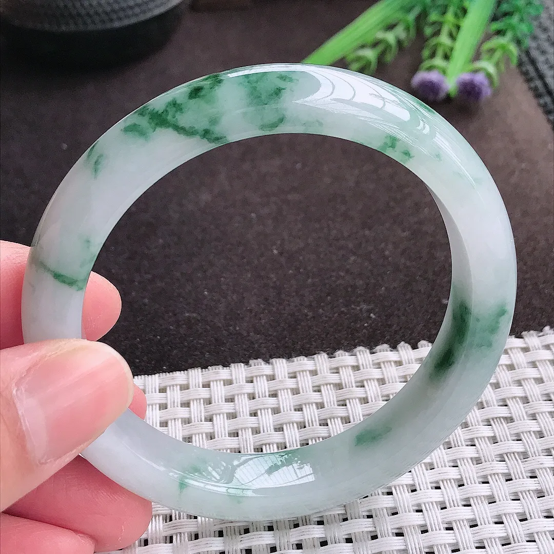 实拍A货翡翠58.5/11.8/8.5老坑精美冰润飘花手镯宽边翡翠玉镯女款