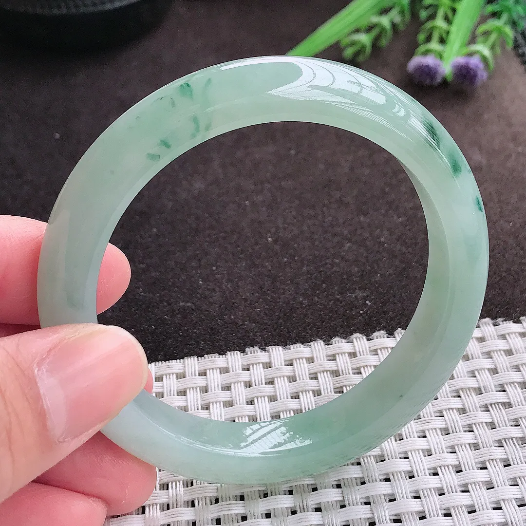 实拍A货翡翠55/10.7/8.5老坑冰胶果冻冰晴飘花手镯宽边翡翠玉镯女款