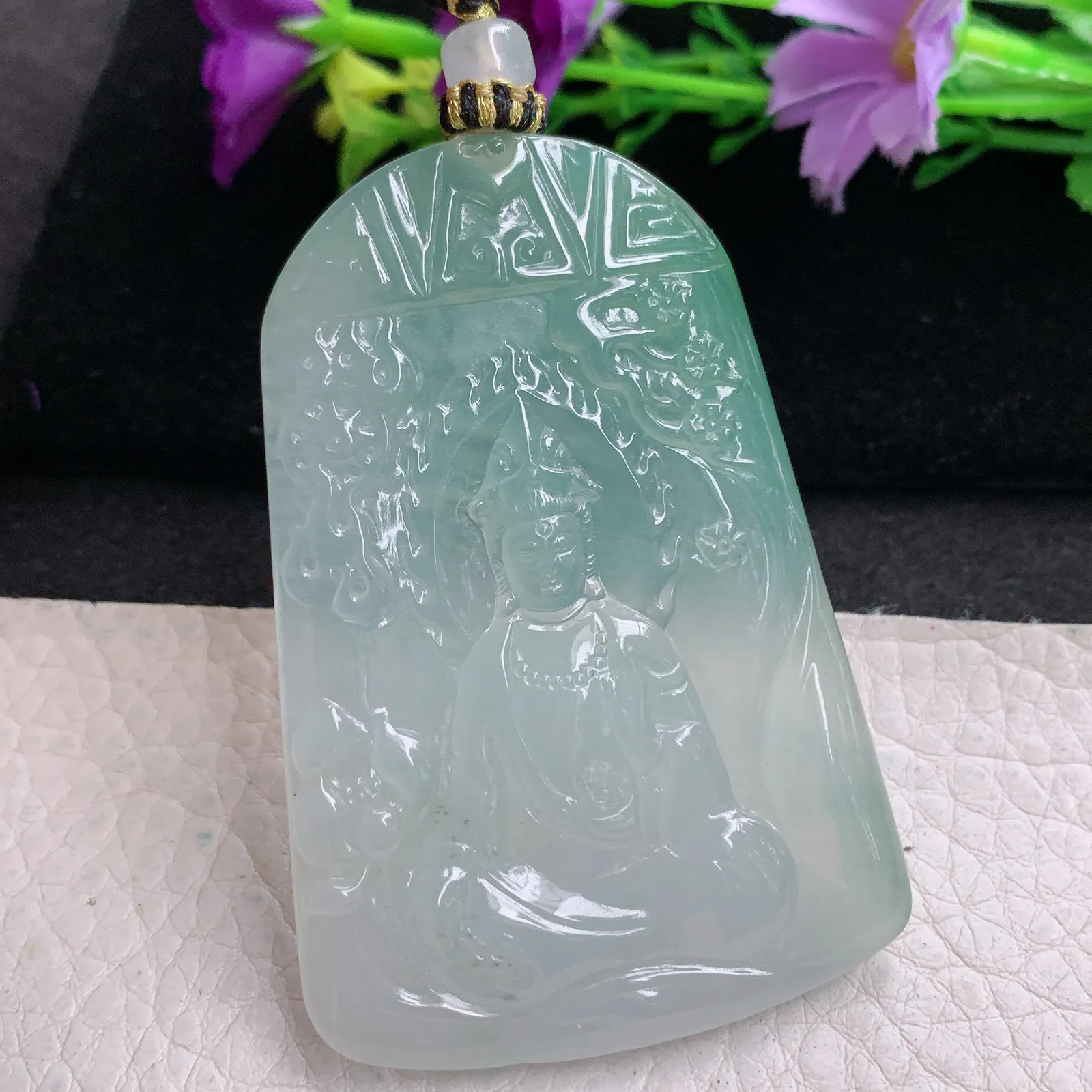 yl实拍63.3*43.5*5.2缅甸翡翠精雕冰晴持莲观音 玉观音玉吊坠 玉挂坠