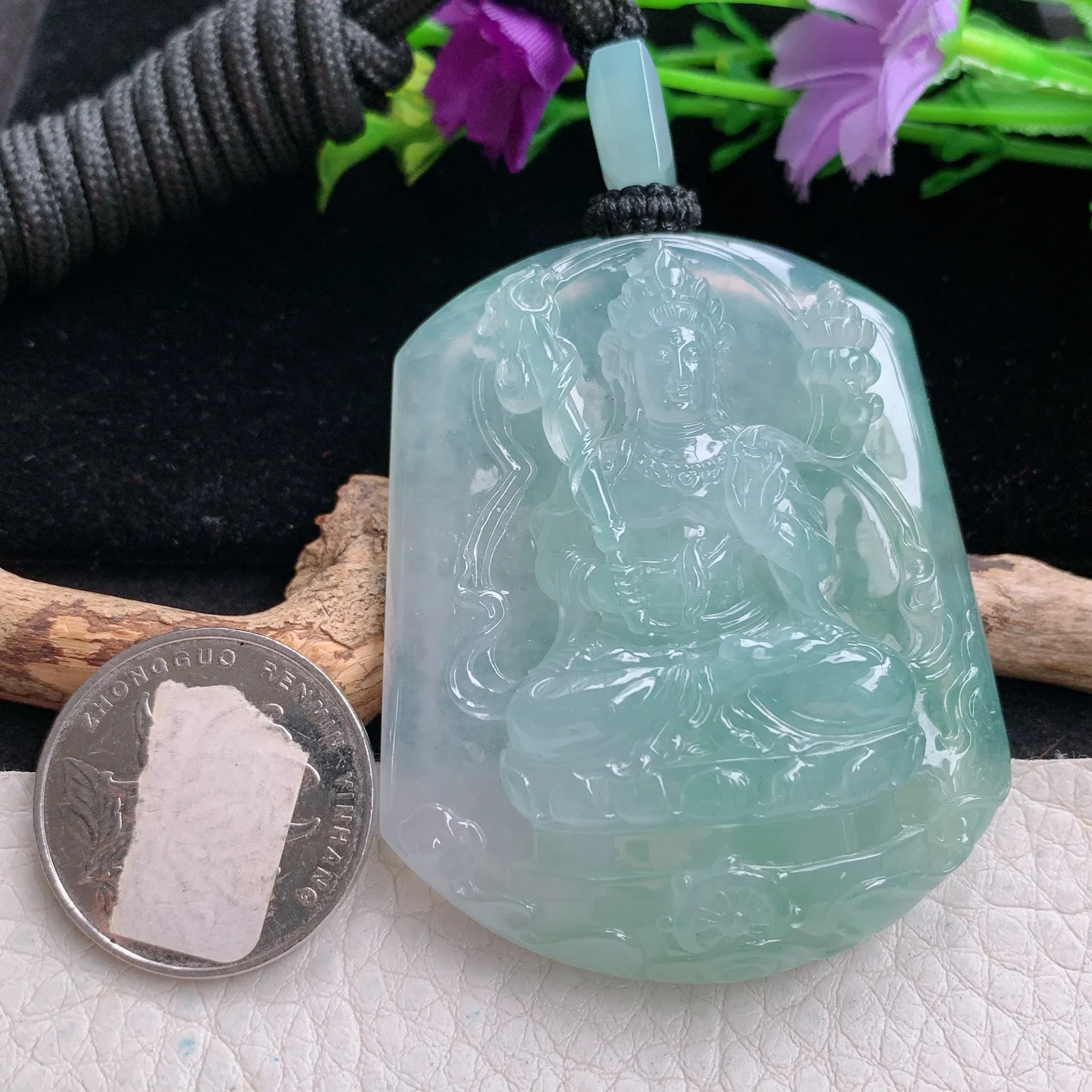 yl实拍56.4*47*11.8缅甸翡翠精雕冰绿虚空藏 生肖守护神玉吊坠 玉挂坠