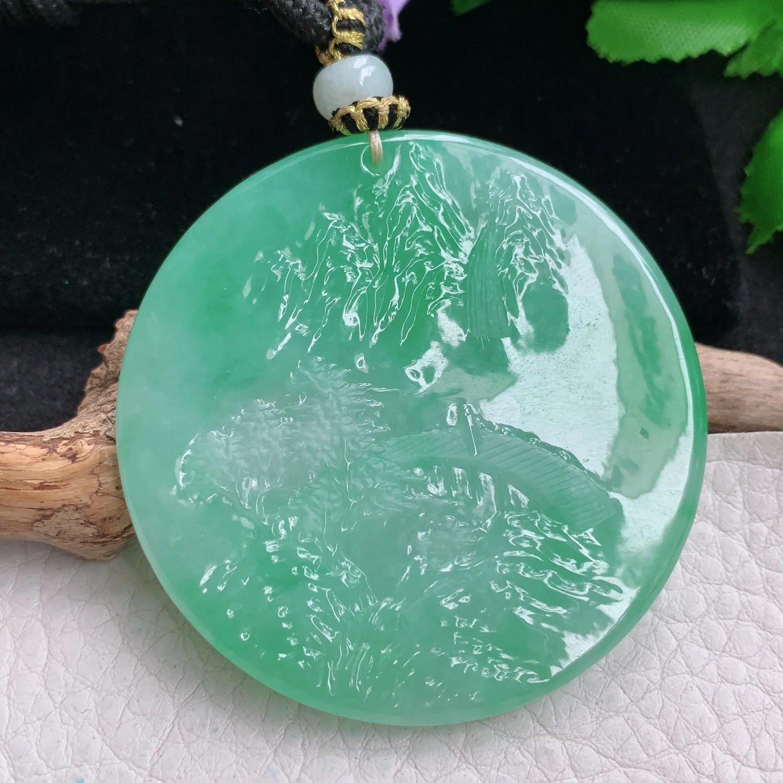 yl实拍53.3*5.3缅甸翡翠精雕阳绿山水 大好河山圆牌玉吊坠 玉挂坠