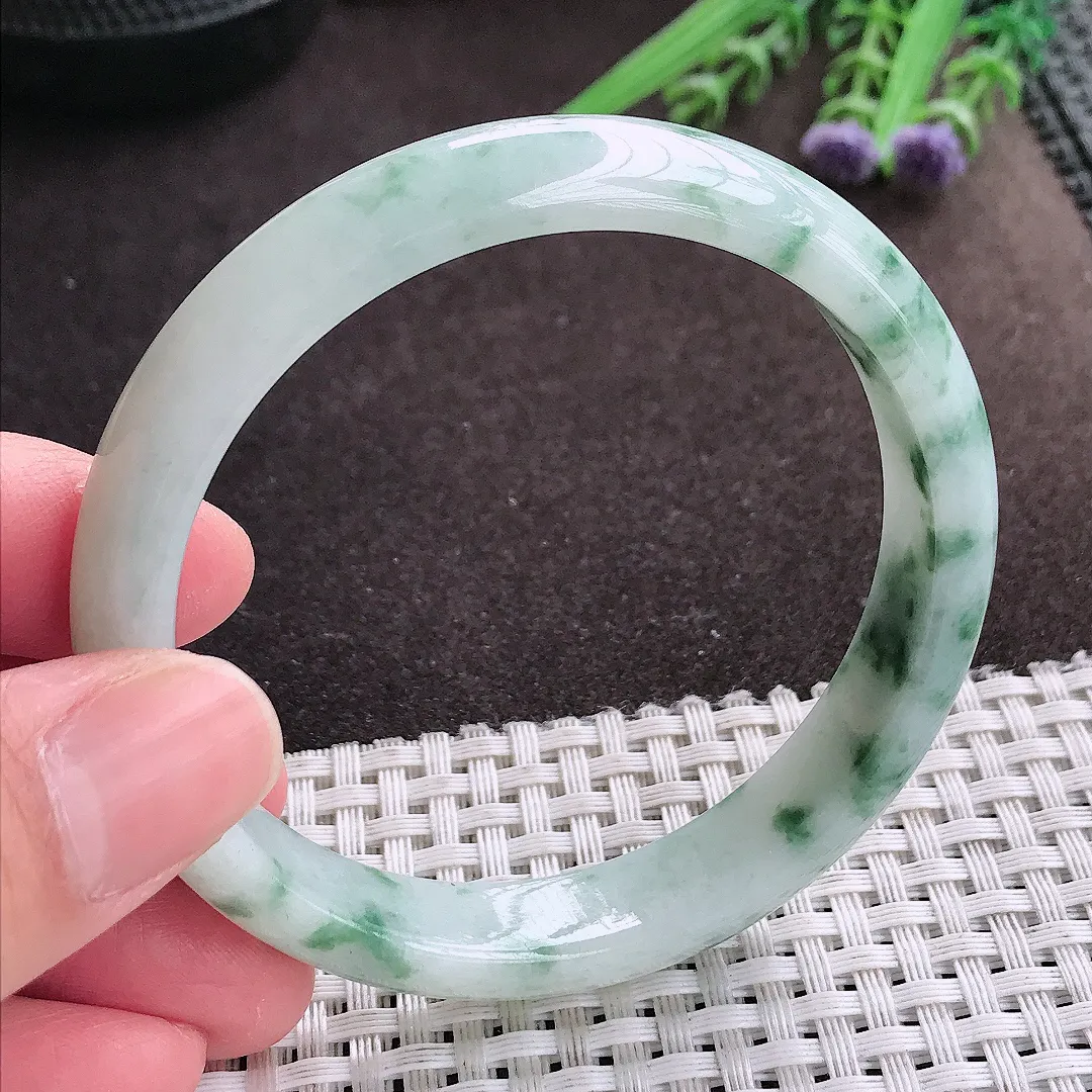 实拍A货翡翠58/12/7老坑精美温润特色飘花手镯宽边翡翠玉镯女款