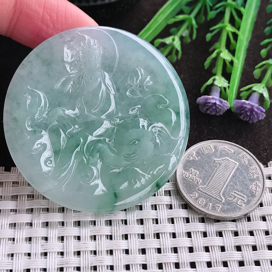 实拍A货翡翠49.8/4.7老坑冰胶果冻冰晴飘花普贤菩萨吊坠翡翠挂件
