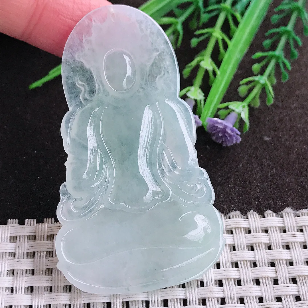 实拍A货翡翠62.6/36.9/4.8老坑冰纯起胶冰晴度母菩萨吊坠翡翠挂件